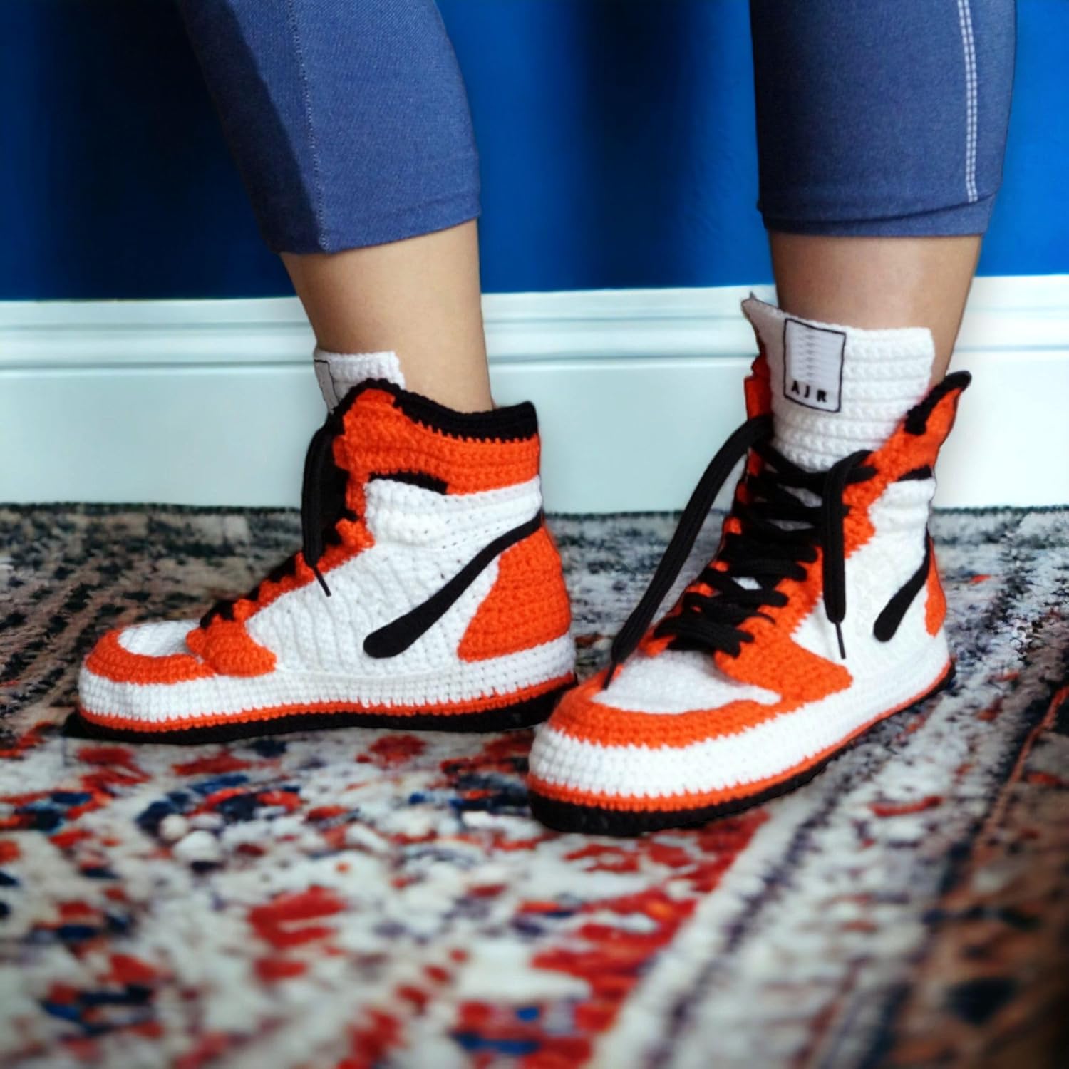 Handmade Jordan Style Crochet Knitted High-Top Slippers, Retro Basketball Custom Kicks Plush Shoes, Cozy Unisex Indoor Shoes, Soft Warm House Booties