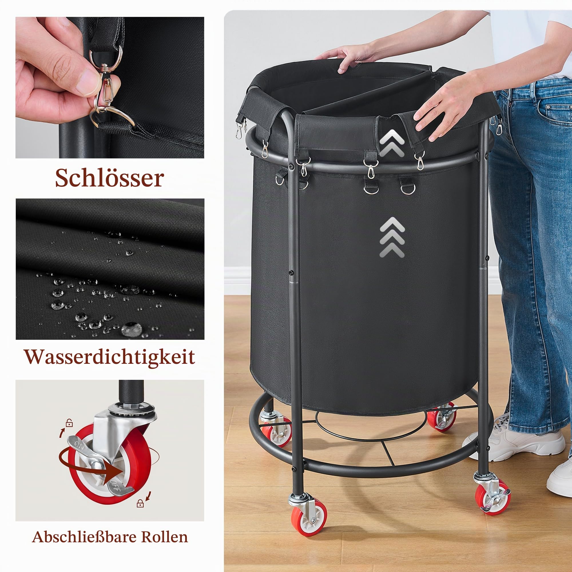 FAVOOSTY Wäschekorb mit Rollen, 190L Wäschewagen 2 Fächern, Wäschekorb Groß, Runder Wäschesammler mit Griff, Stahlrahmen und Abnehmbarem Beutel zur Kleideraufbewahrung