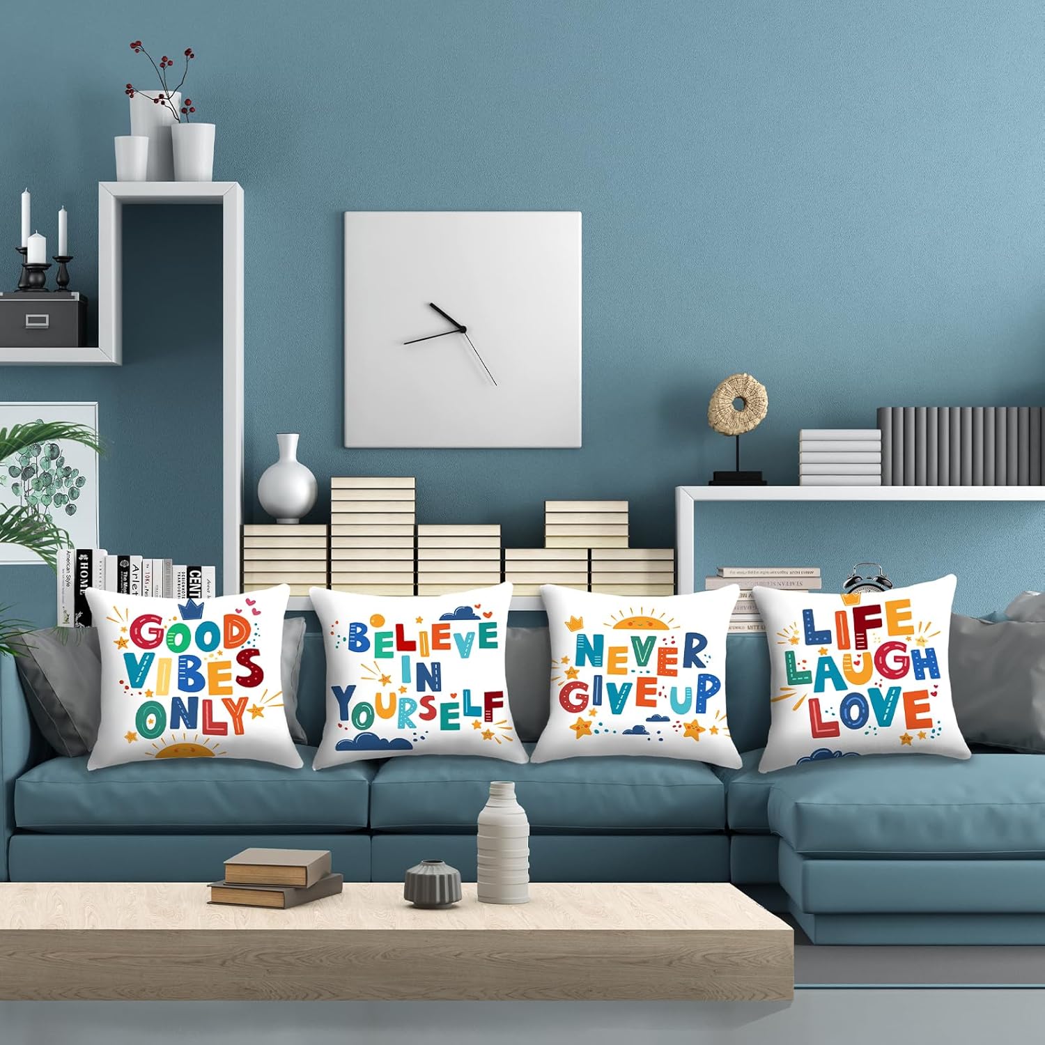 HOSTECCO Colorful Classroom Throw Pillow Covers 20x20 inch Set of 4 Inspirational Quotes Pillow Cases Positive Reading Decorative Cushion Covers for Kids Children