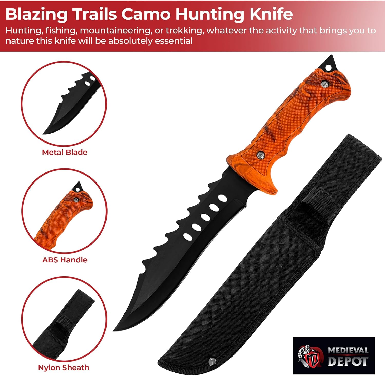 MedievalDepot Blazing Trails Camo Hunting Knife - Full Tang Stainless Steel, ABS Handle, Black Nylon Sheath