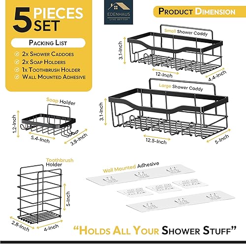 Miniatura 2 de Paquete de 5 organizadores de ducha adhesivos montados en la pared para almacenamiento en el baño  Sin taladrar, 2 estantes de ducha de acero