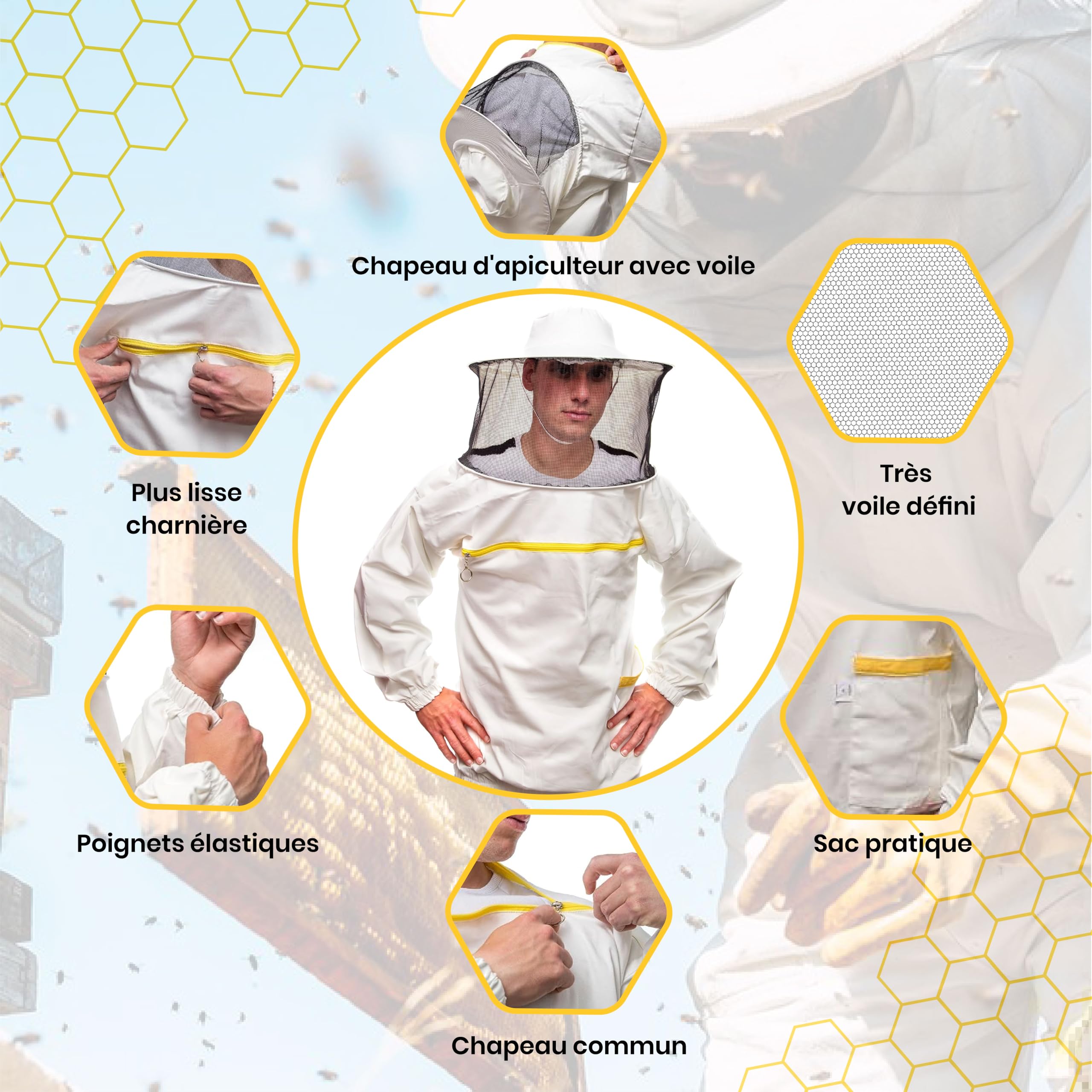 Vêtements apicoles de qualité Bee Art. Tenue avec bonnet rond, manches et élastique. Produit professionnel, matériel apicole, veste d'apiculteur, excellente protection pour les apiculteurs L