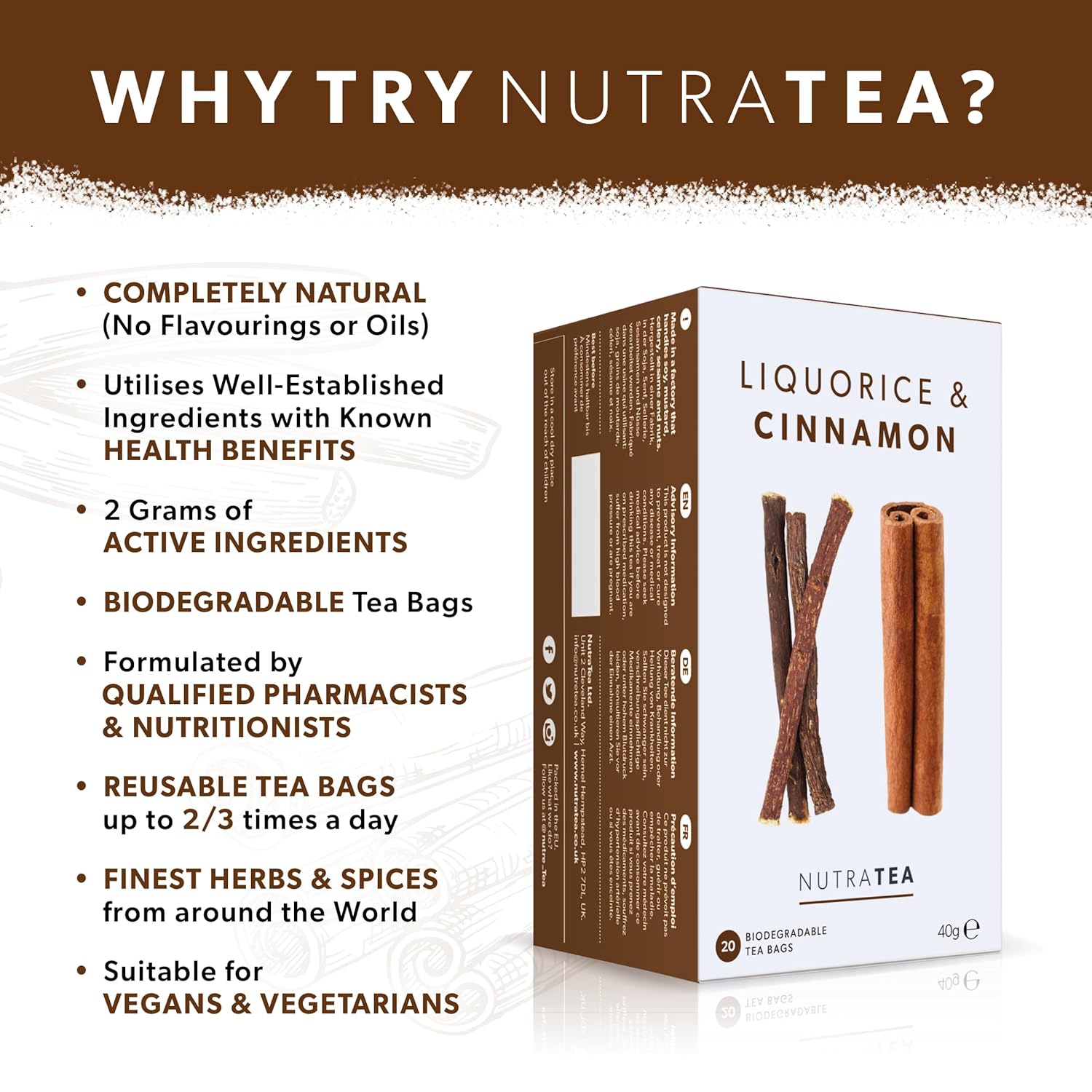 Nutra Tea - Liquorice & Cinnamon Tea | Licorice Tea | Cinnamon Tea - 60 Tea Bags - Herbal Tea - (3 Pack)