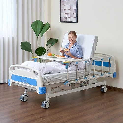 Miniatura 2 de ELENKER Cama de hospital eléctrica completa para uso doméstico, cama médica UCI, cama de hospital de 3 funciones premium con control remoto, poste