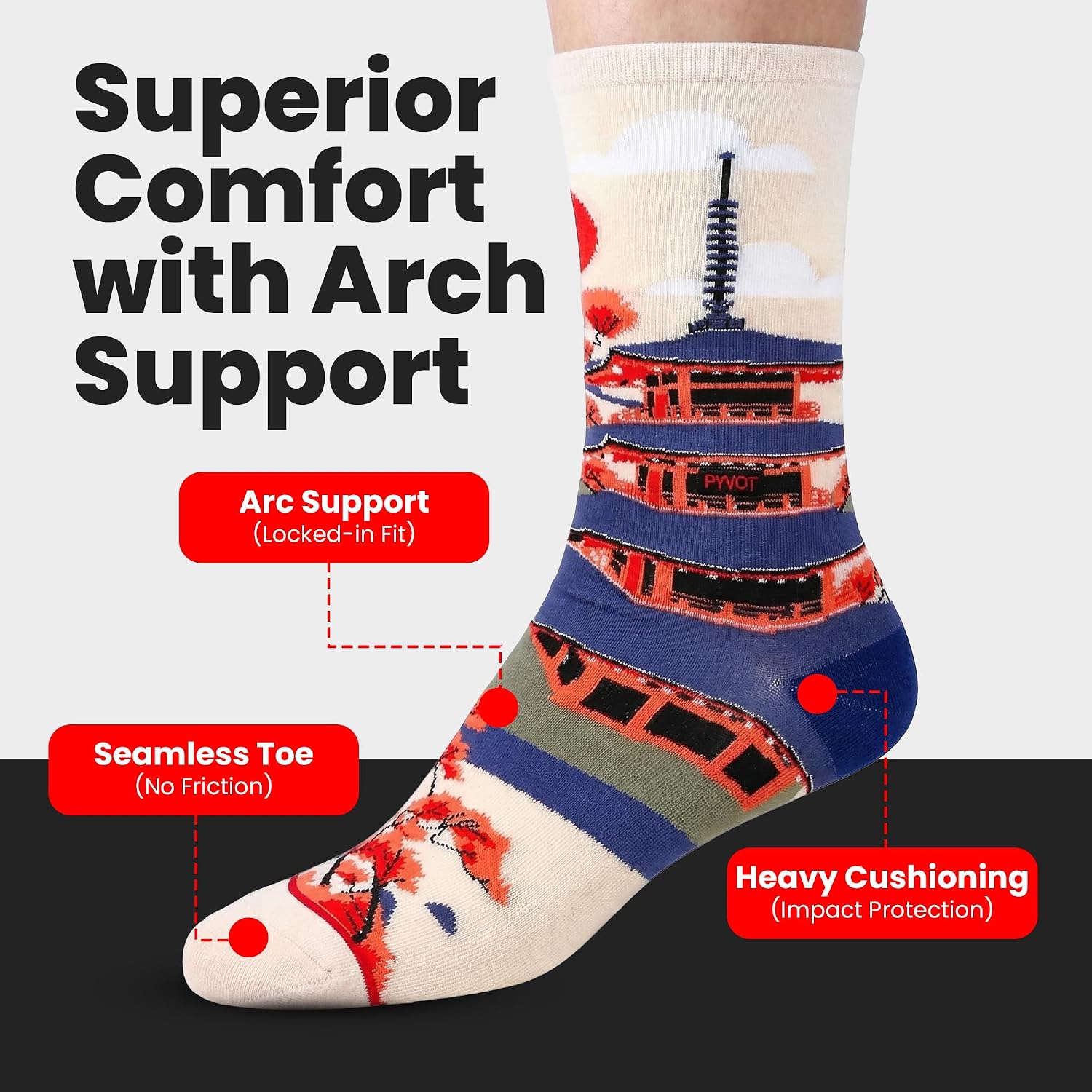 PYVOT Artist Series Honor Bundle 3-Pack, Premium Japanese Culture Crew Socks for Men and Women, Ronin Samurai, Pagoda Zen & Kraken Wave Patterns, Moisture Wicking Combed Cotton, Heavy Cushion, 3 Pairs