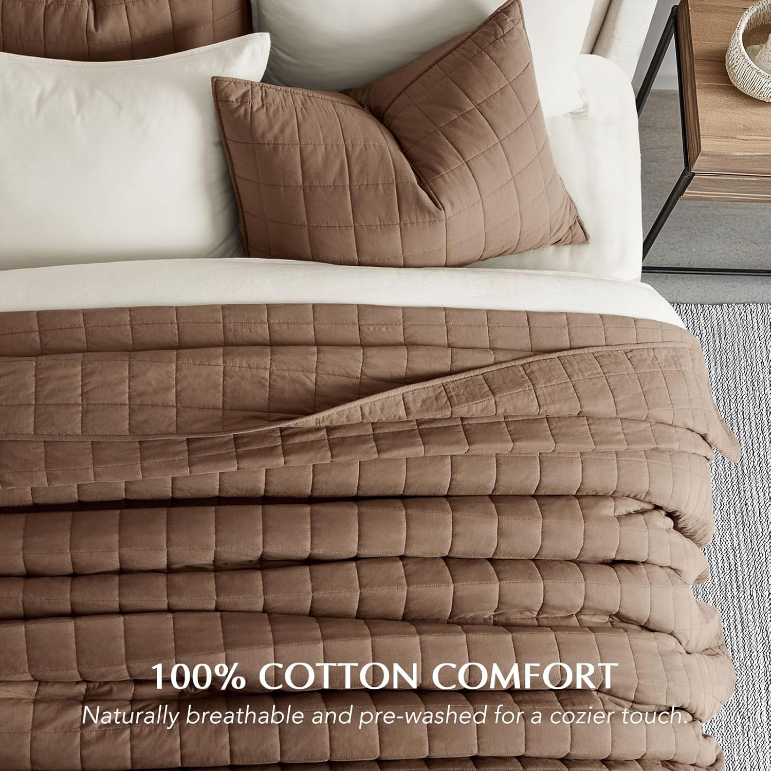 EVERGRACEHOME 100% Cotton Box Stitch Quilt Bedding Set Queen Size 3 Pieces, Garment-Washed Lightweight Soft Cozy Coverlet, Quilted Bedspread Sets with 2 Shams for All Season, Sienna Brown