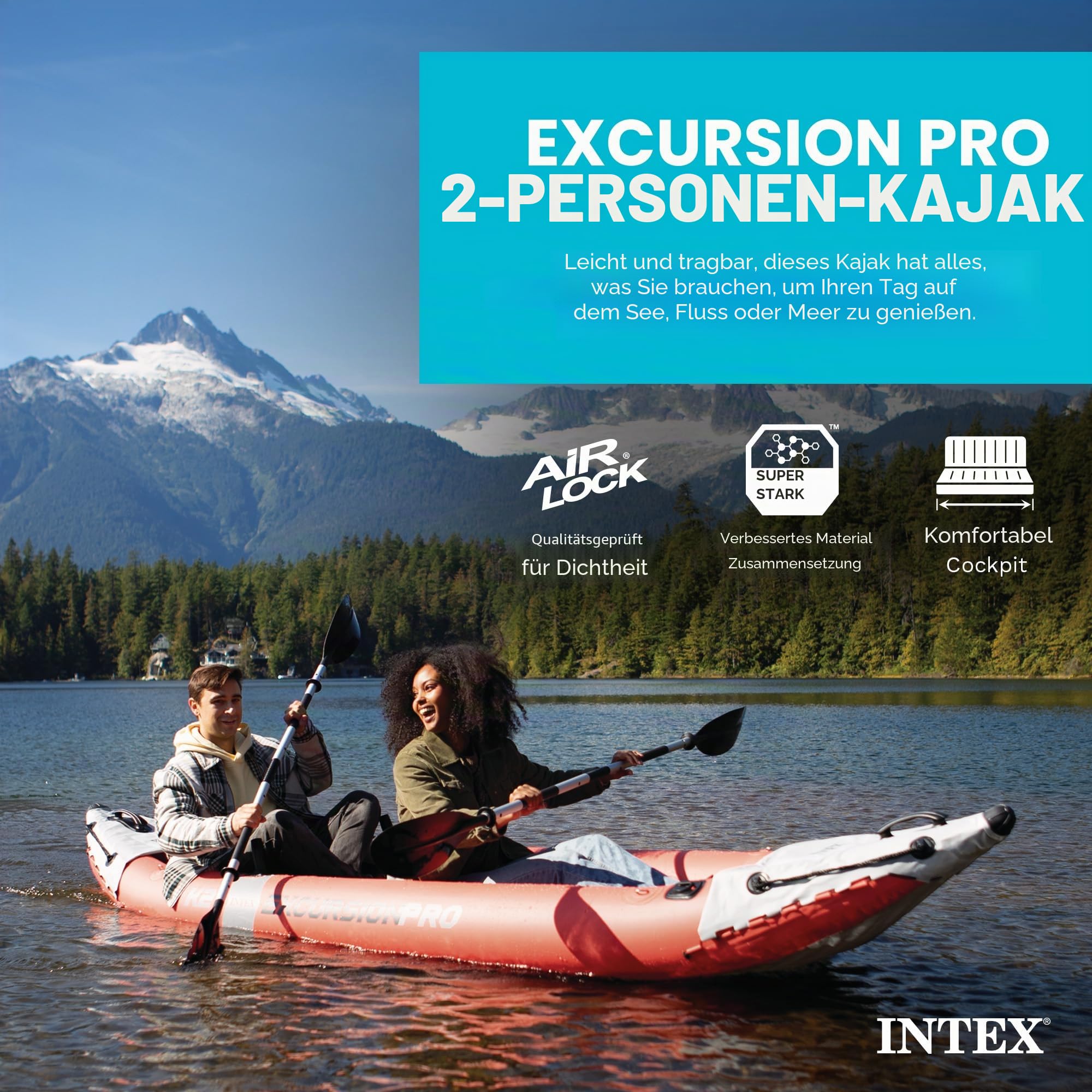 INTEX Excursion Pro Aufblasbare Kajak-Serie - inklusive Deluxe 218.4 cm Kajakpaddel und Hochleistungspumpe - SuperTough PVC - Verstellbarer Schalensitz - Angelrutenhalter - Haltegriffe