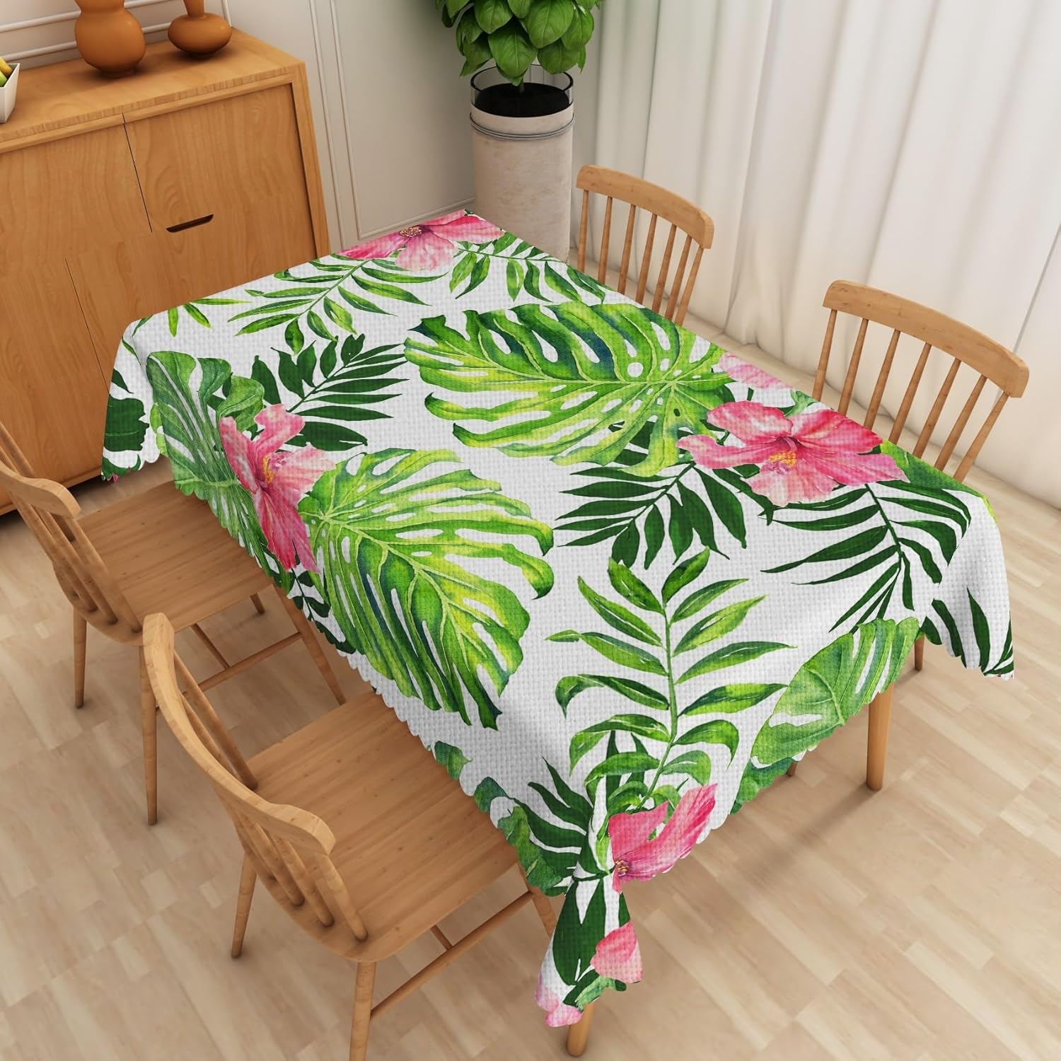 Palm Leaves Rectangle Tablecloth Summer Tropical Leaf Blossom Floral Watercolor Botanical Linen Tablecloths for Indoor Outdoor Patio Party Picnic Kitchen Dining Table Decor, 54x120 Inch