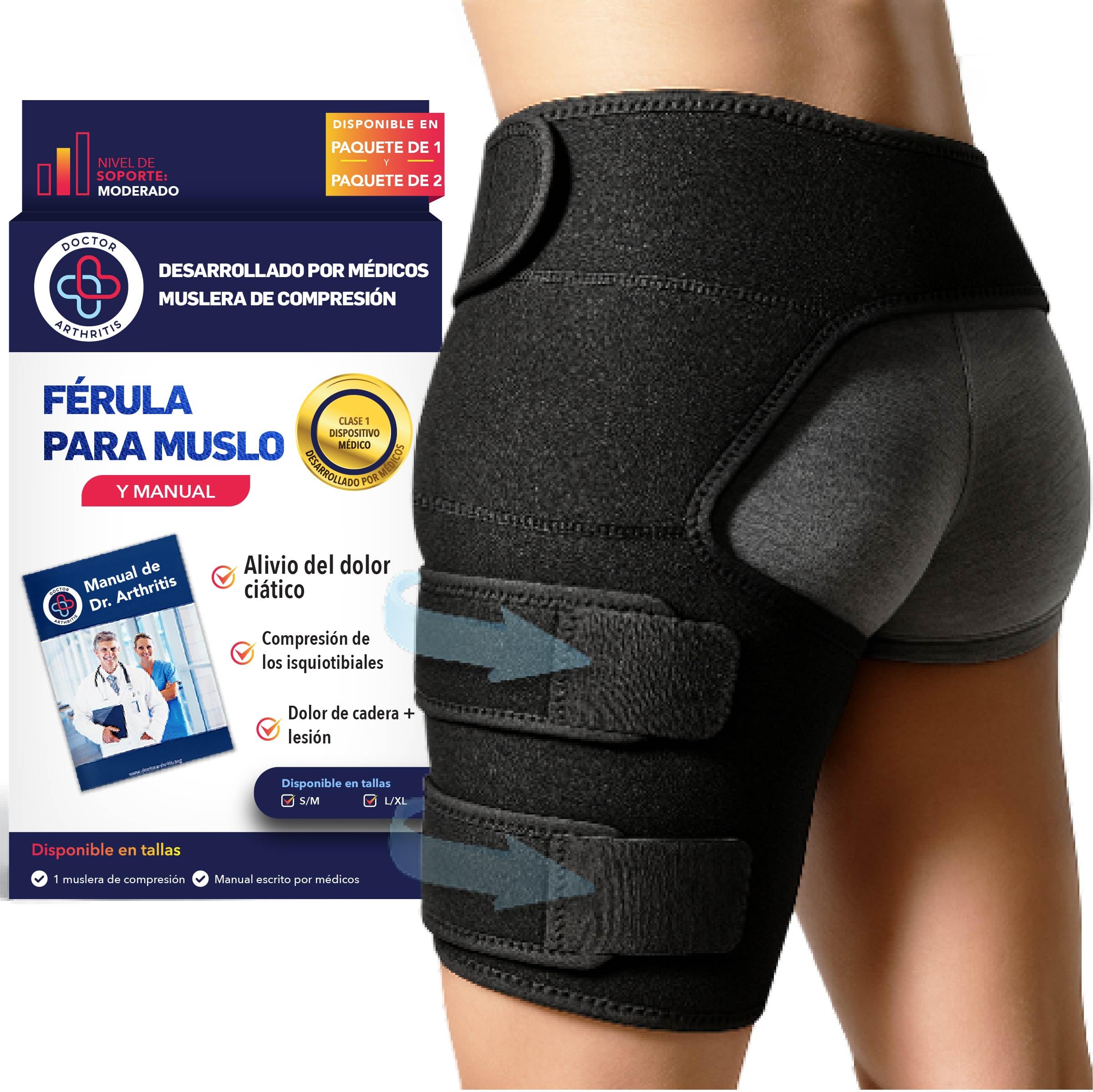 Dr. Arthritis Musleras Compresión Hombre Desarrolladas Por Médicos - Alivio del Dolor de Ciática y Síndrome Piriforme - Soporte para Muslo e Isquiotibiales - Unisex (Talla S/M, Negro)