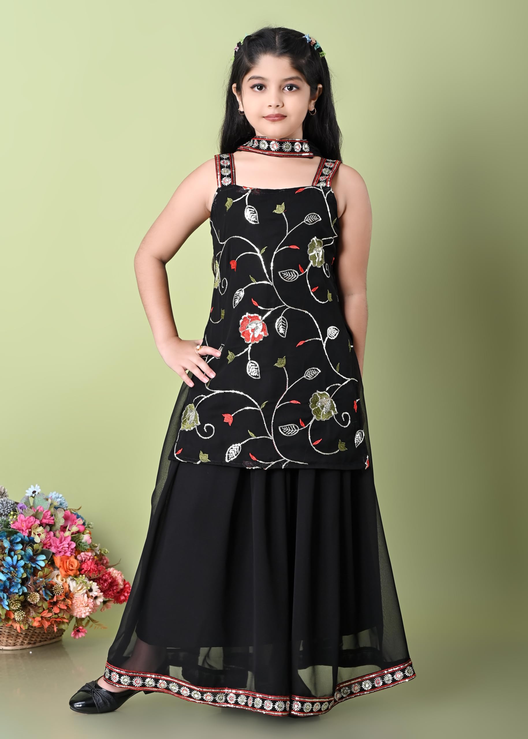 SPAMitude - Georgette Embroidery Sequin Kurta, Skirt and Dupatta Set for Girls – Ethnic Party Dress I Birthday Trendy Classic Outfit I Square Neck Sleeveless (BLACK, 10-11 YEARS) - Image 5 thumbnail