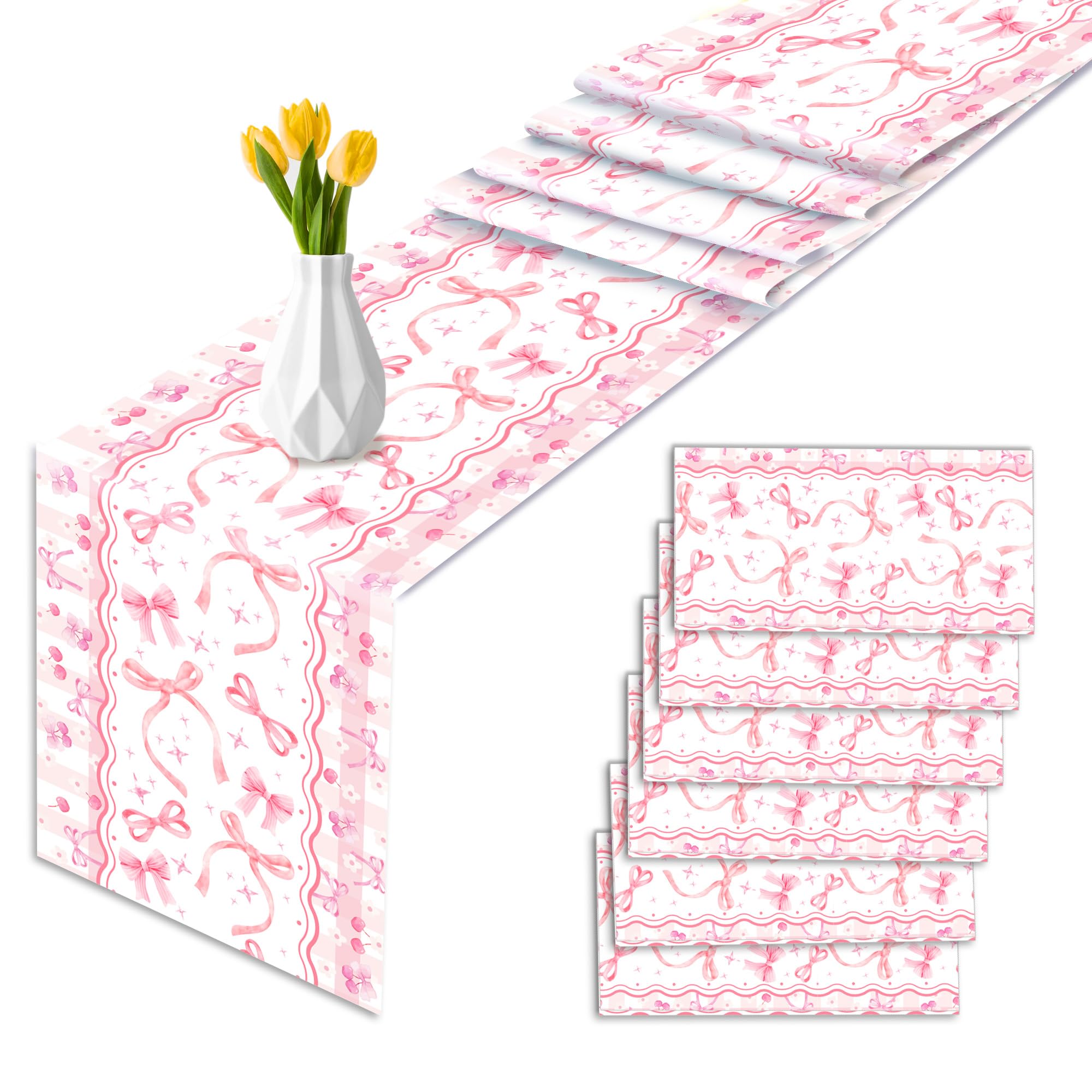 6 Stück Rosa Tischläufer mit Schleifendesign Hochzeit Tischdeko Party Deko romantisch für Geburtstagstisch Party Kommunion, 275x35 cm ﻿