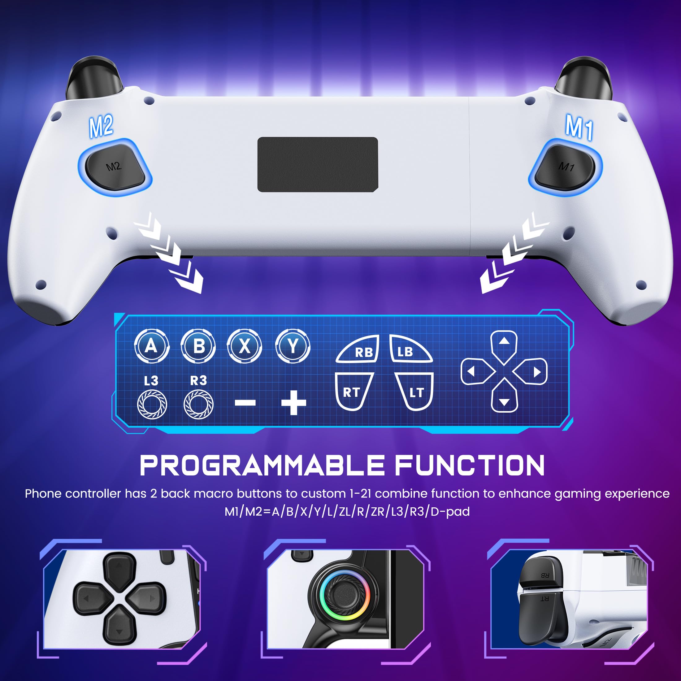 KICKDOT Controller wireless per iPhone/Android/iPad mini con joystick Hall, controller di gioco mobile a LED per iOS Supporto Xbox Cloud, Steam Link, GeForce Now, Arcade, Call of Duty, Roblox