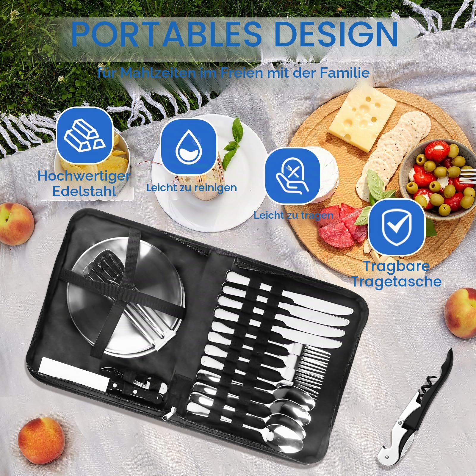 Camping Geschirr 2/4 Personen, 11/21PCS Camping Zubehör Camping Besteck Set Edelstahl Picknick Zubehör mit Flaschenöffner, Steakmesser, Löffel Gabel Messer Teller für Camping/Grillen/Wandern