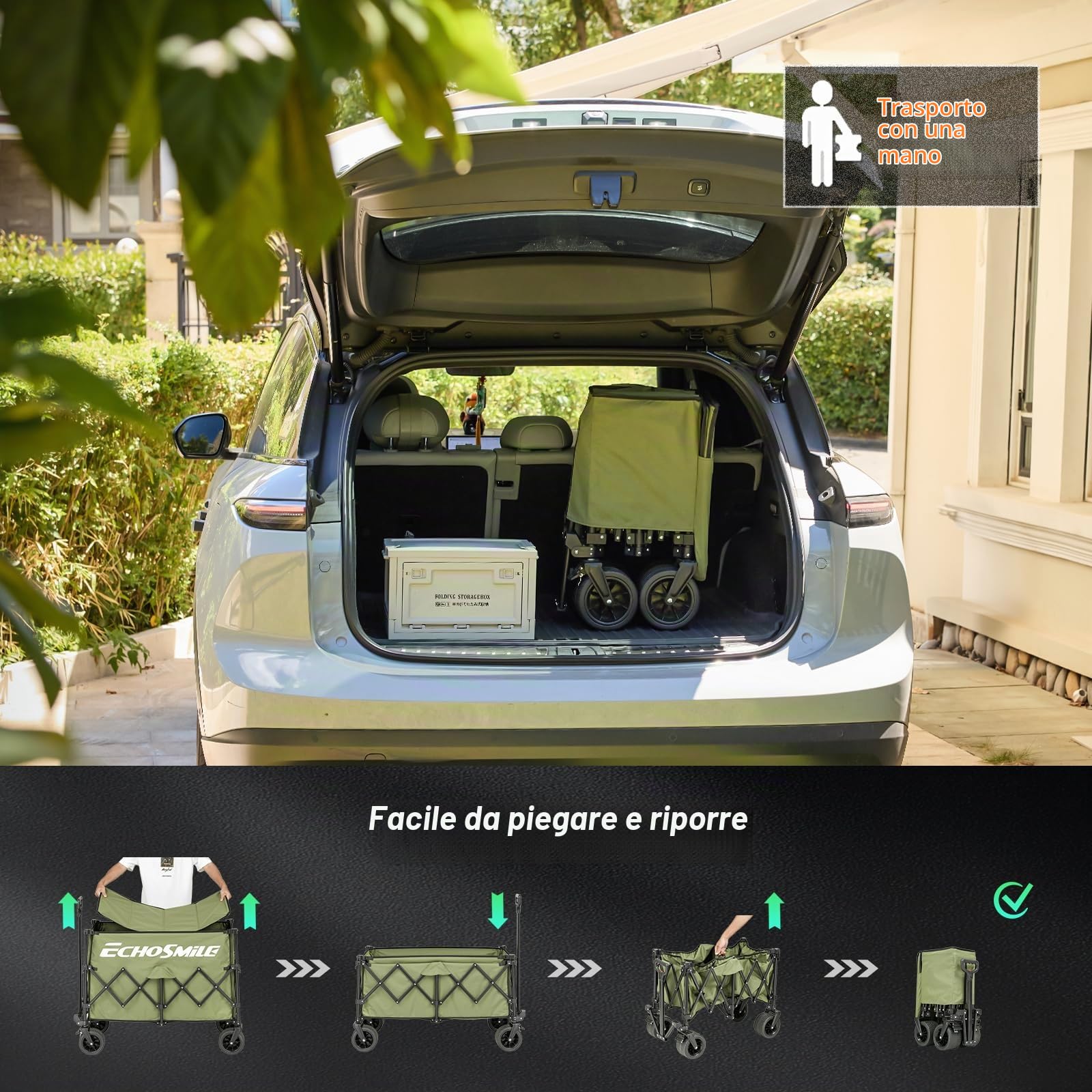EchoSmile XXXXL Carrello Pieghevole da Giardino 300L 227 kg, Carretto da Spiaggia con Ruote Grandi, Carrelli da Trasporto con Freni per Campeggio, Shopping e Attività All'aperto, Verde