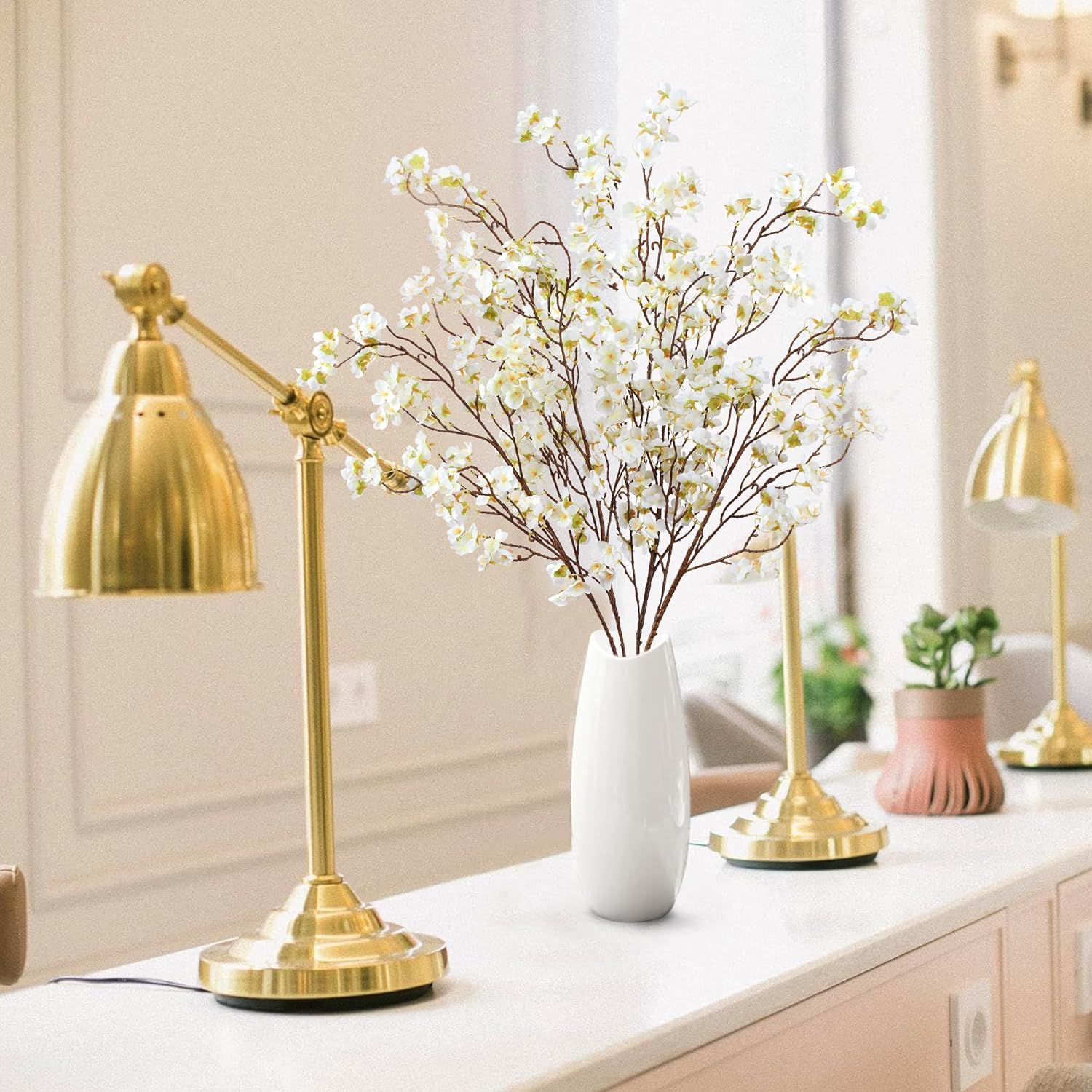 Sggvecsy Artificial Cherry Blossom Flowers 4 Pcs Faux Cherry Blossom Stems Faux Silk Cherry Blossom Branches 41’’ Fake Flowers Long Stems for Vase Arrangements Home Wedding Table Decor (White)