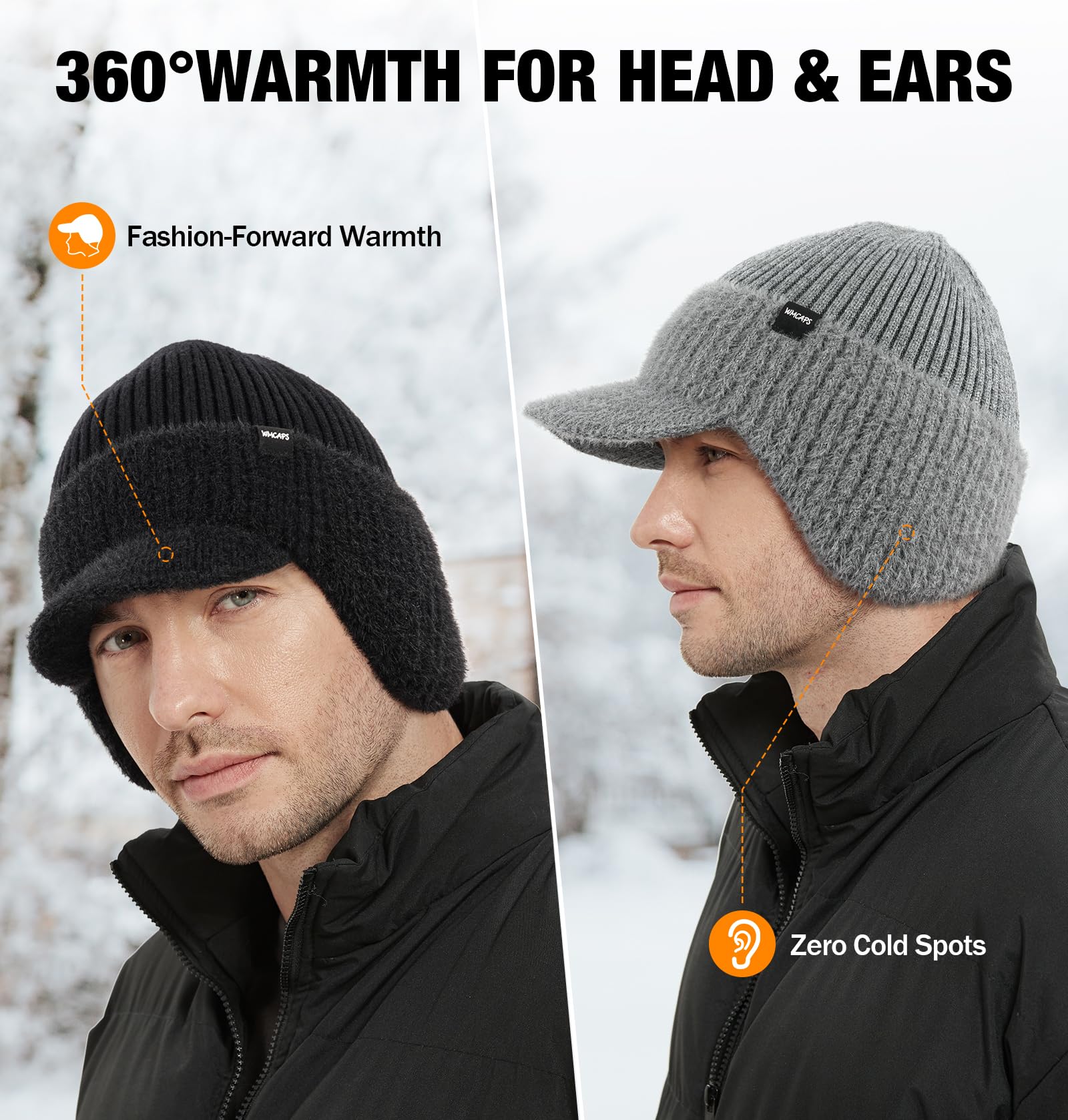 Wmcaps Bonnet d'hiver avec bord et cache-oreilles, doublure en polaire chaude pour homme et femme