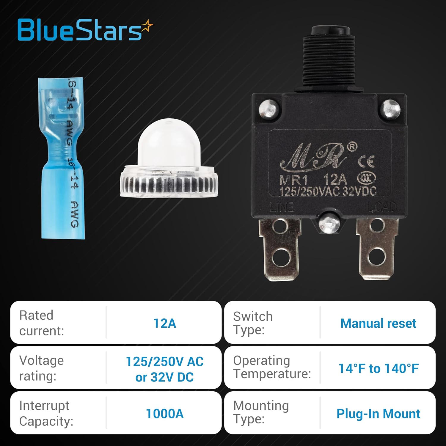 BlueStars 5 Packs 12Amp Thermal Circuit Breaker 125/250V AC 32V DC - Overload Protector with Push Button Manual Reset, Quick Connect Terminals, Waterproof Button Caps Kit