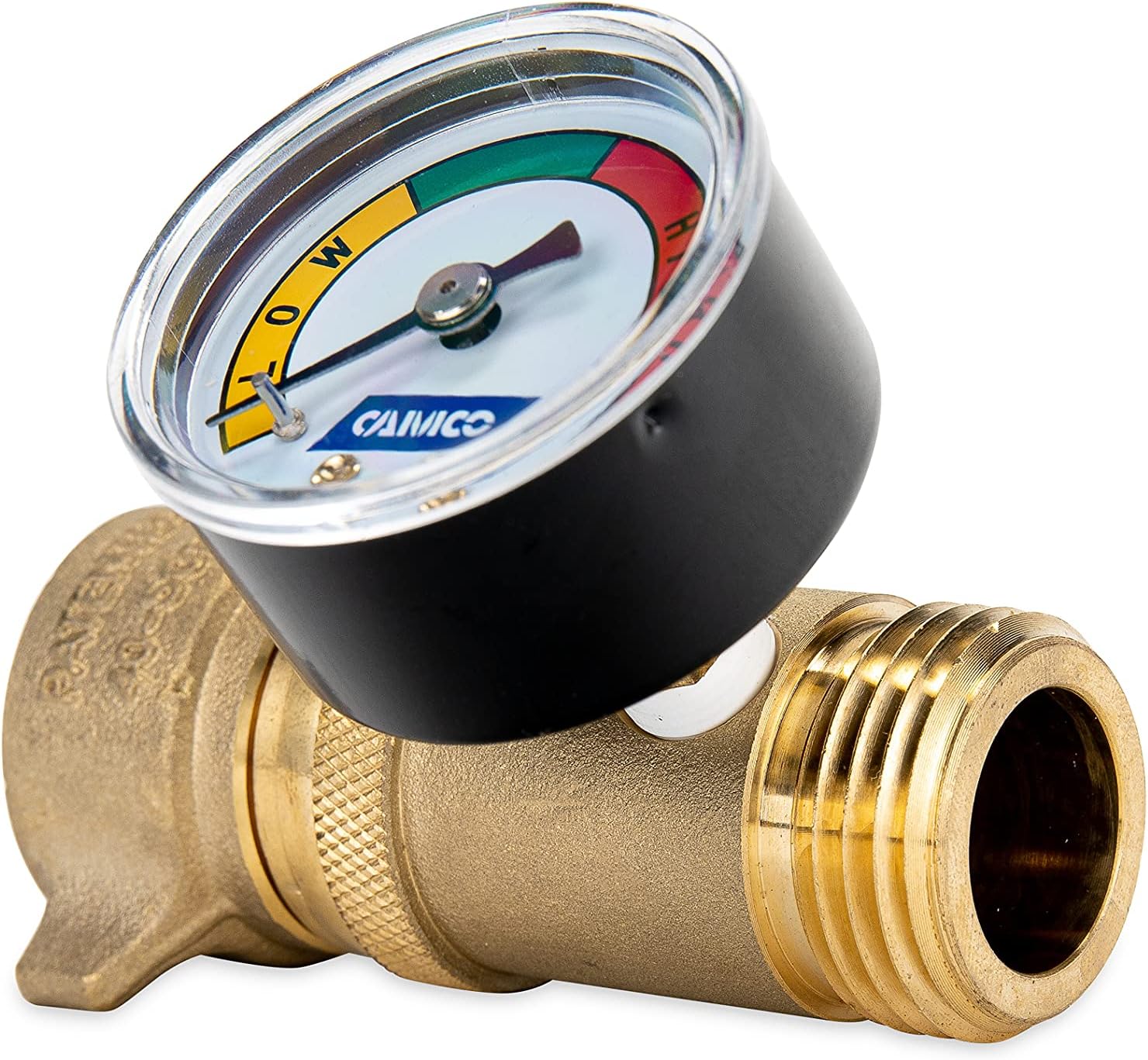 Camco Brass Water Pressure Regulator with Gauge- Helps Protect RV Plumbing and Hoses from High-Pressure City Water - Easy Read Gauge (40064)