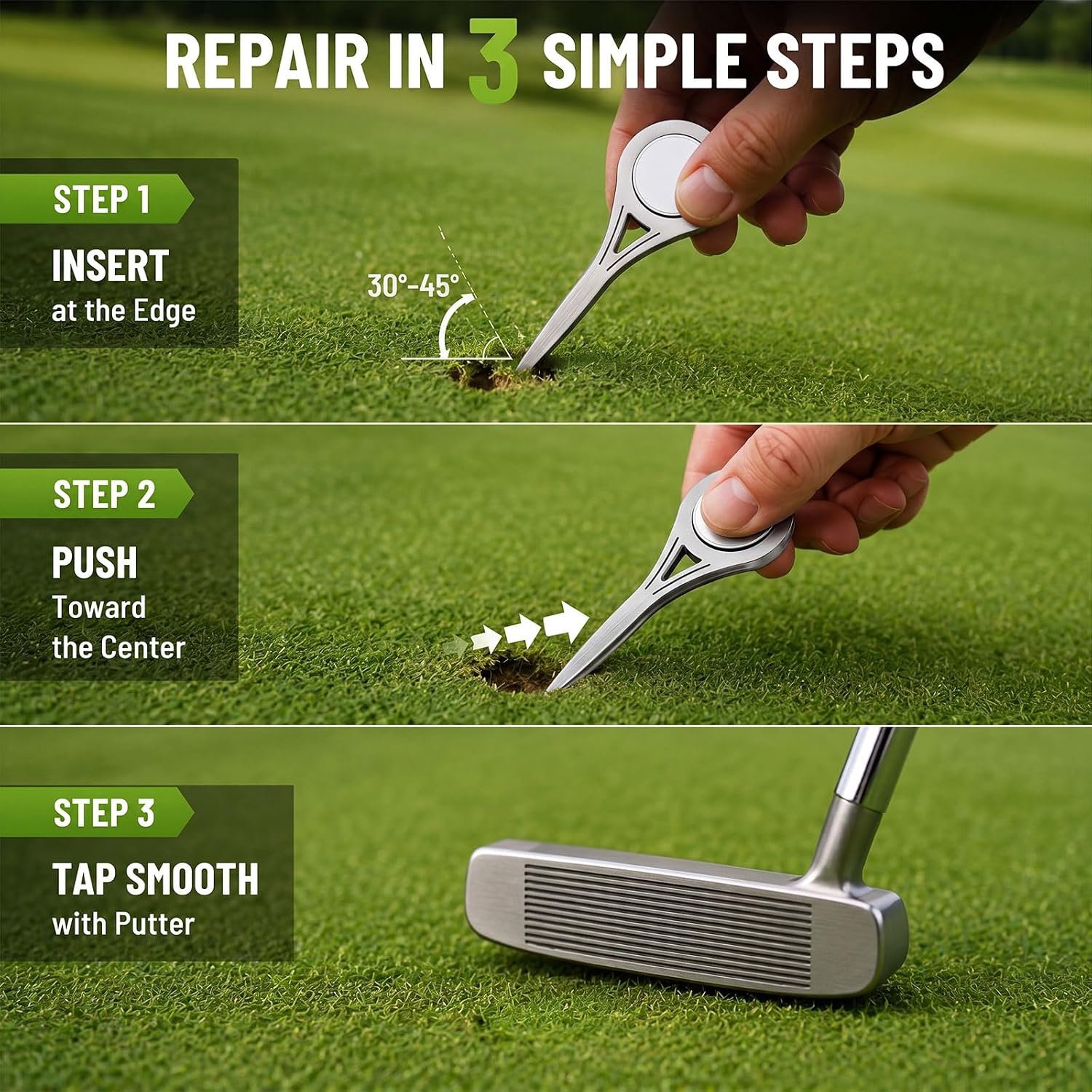 Golf Divot Tool, Single Prong Repair Tool Pitch Mark Repairer with Magnetic Ball Marker, Stainless Steel Quick Ergonomic Turf Fixer for Greens