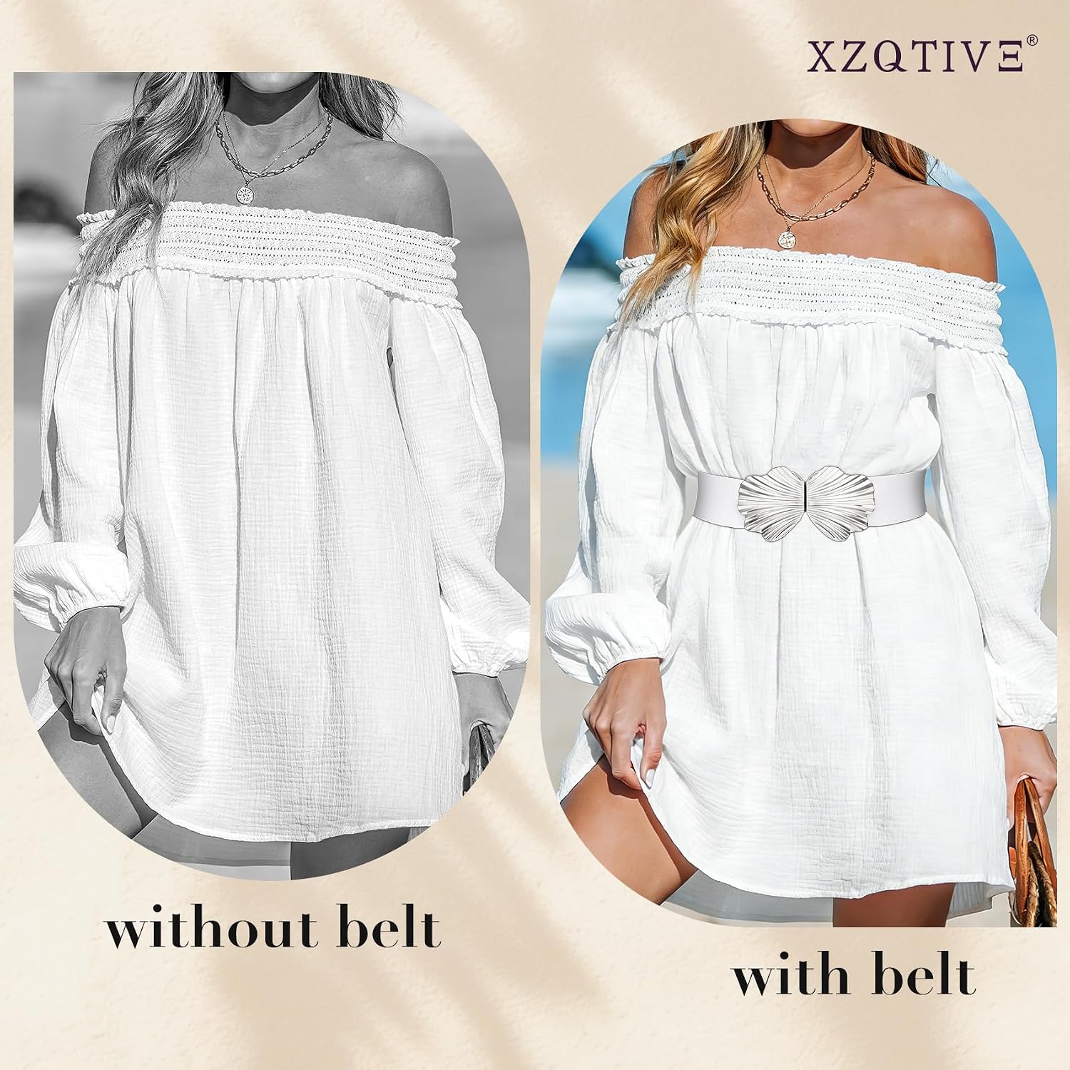 XZQTIVE Women’s Wide Elastic Belt for Dresses – Stretchy Fashion Waist Belt for Ladies with Boho Shell Gold Buckle image 2