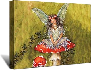 Looife Vintage Giclee Artwork Elves and Mushroom Picture Prints Wall Art on Canvas, Colorful Fairy Tale Paintings for Bedroom, Living Room Decoration, 24x16 Inch