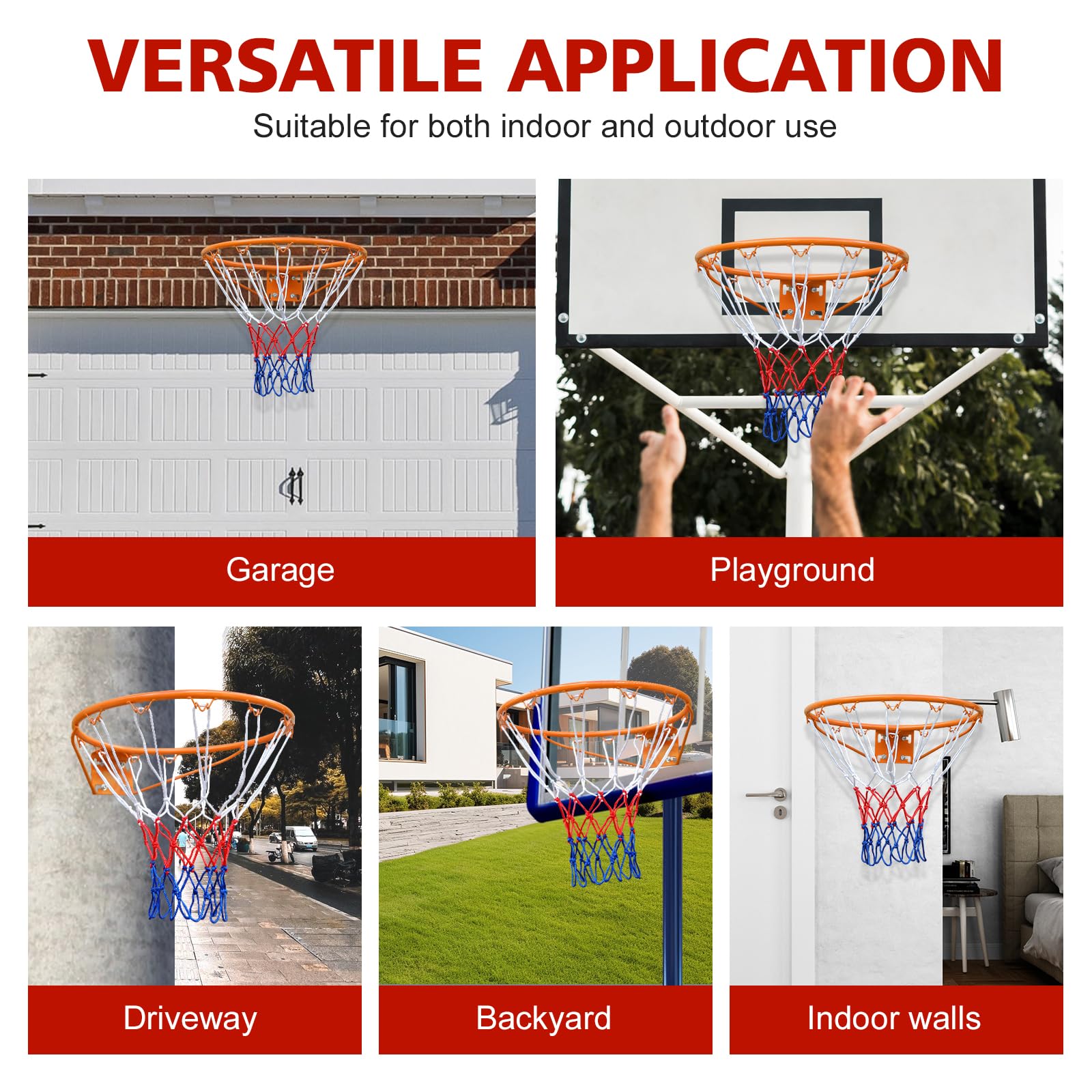 Anneau de panier de basket, filet de basket-ball et fixations murales, taille standard de 45 cm de diamètre pour un montage intérieur et extérieur