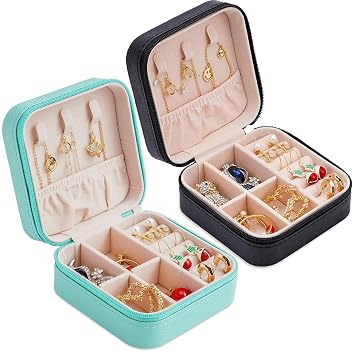 Neveika Portable Travel Mini Jewelry Box Leather Jewellery Ring Organizer Case Storage Gift Box Girls Women blue&black.