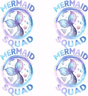 SUPERDANT 4 PCS Little Mermaid Squad Heat Transfer Stickers Blue Fish Tail Iron-On Transfers Plastic Stickers Set Clothing Iron on Decals for Girl's T-Shirt Canvas Bags Jackets DIY Crafts 25x18CM