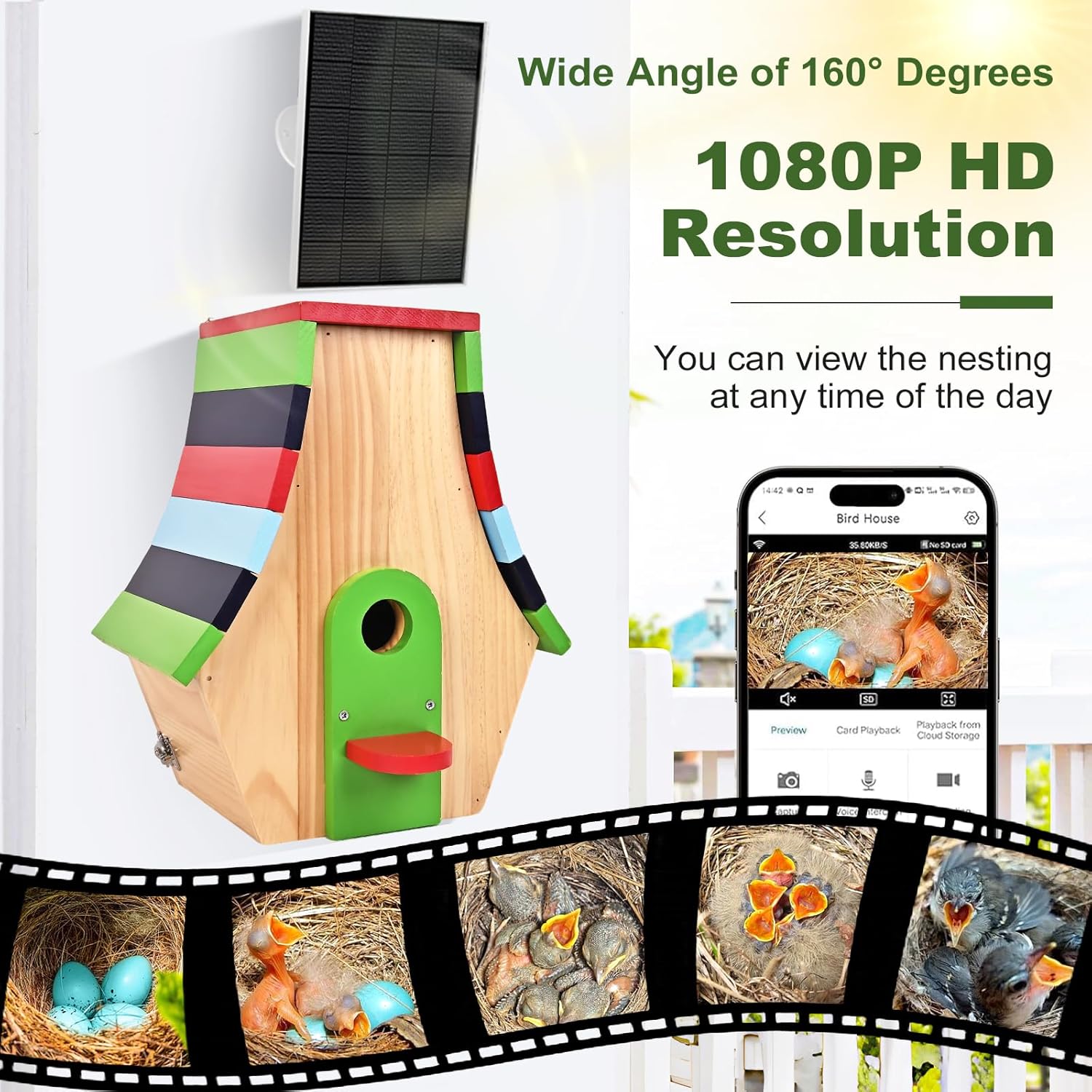 Birdhouse with Camera, Smart Bird House, 2.4G WiFi & App Notify 160° Wide Wireless 1080P HD Solar Powered Birdhouse Wooden Bird House with Camera Inside Easy Birdwatching for for BirdLovers