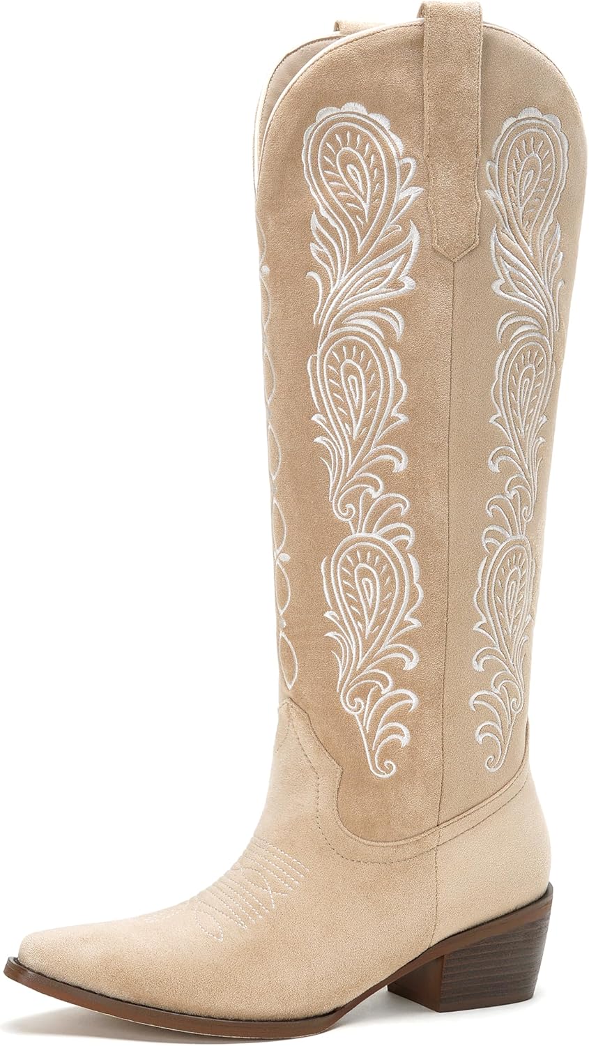 Cozivwaiy Women Cowboy Boots Embroidered Knee High Suede Boots 1.96 Inch Heels Pull on Cowgirl Boot Wide Calf Tall Boot Half Zipper Chunky Pointed