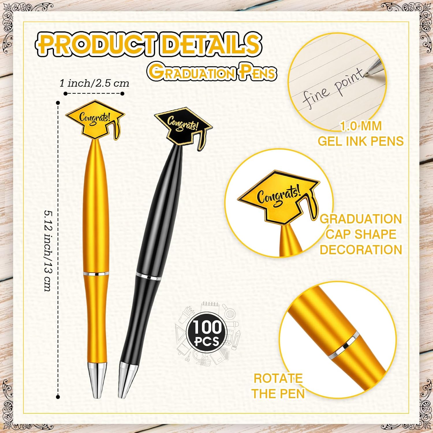 Supervitae 100 Pcs Graduation Pens Bulk, Retractable Black Ink Ballpoint Pens with Congrats Grad Cap Topper, Black and Gold Graduation Party Favors Class of 2026 Supplies