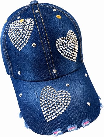Popfizzy Bling Hat for Women, Rhinestone Baseball Cap, Bedazzled Distressed Denim Hat, Birthday Gifts for Women, Adjustable