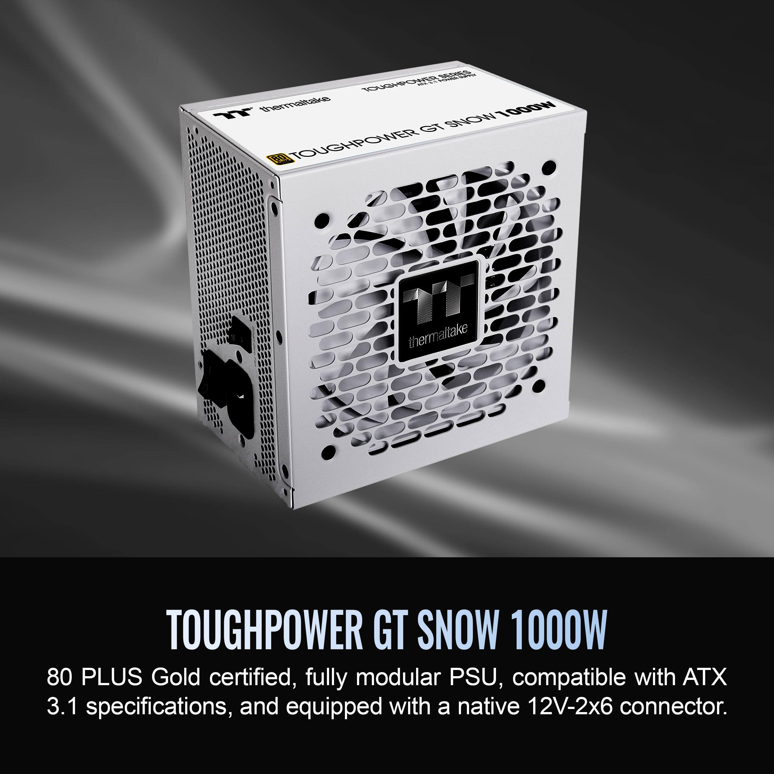 Thermaltake Toughpower GT 1000W; ATX 3.1; PCIe nativo 5.1 12V-2x6; Completamente modular; Cables planos; Conectores a juego de color; Condensadores principales japoneses; 80 Plus Gold; 140mm; Nieve