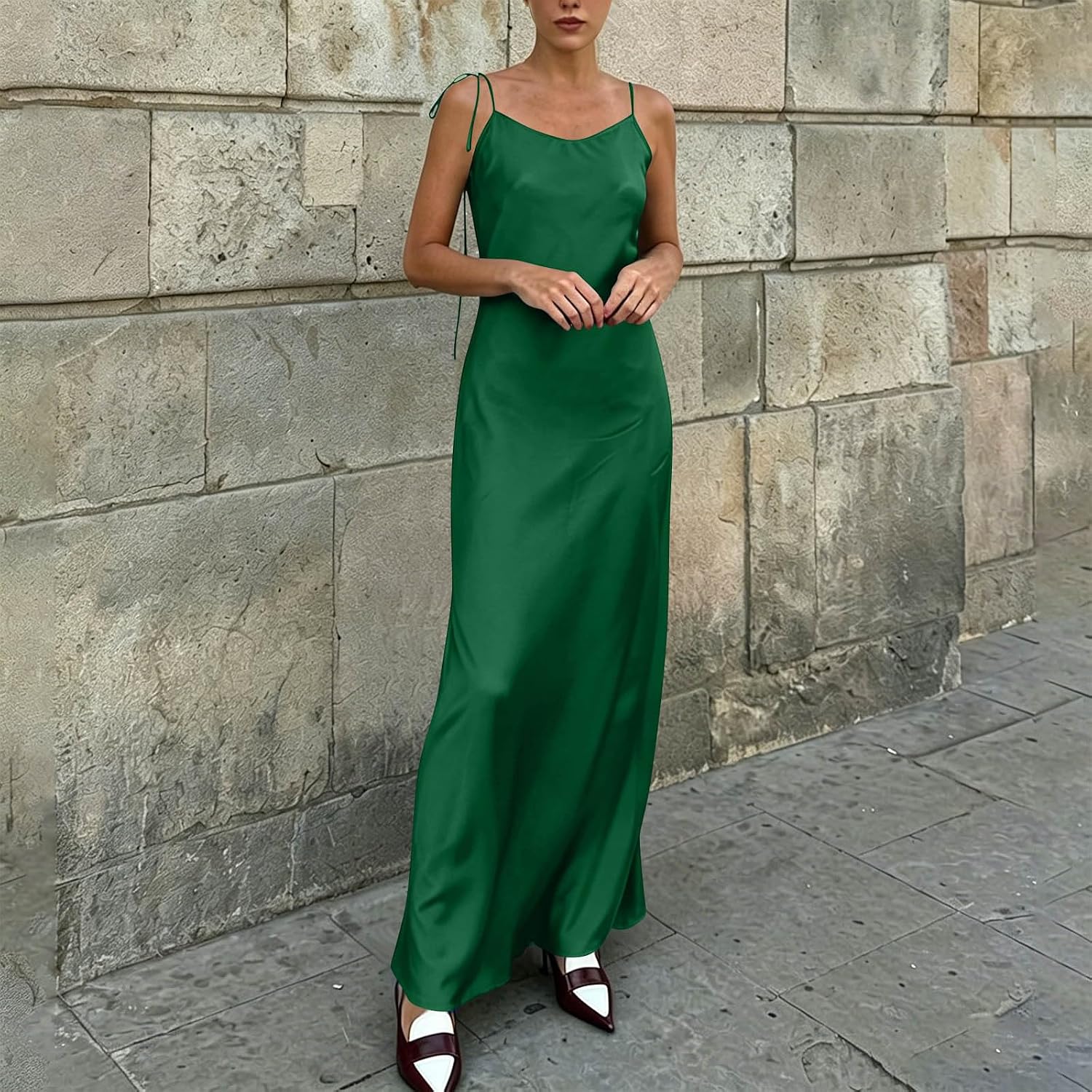 Satin Spaghetti Strap Dresses for Women Backless Cocktail Elegant Maxi Dress Wedding Guest Loose Fit Solid Clothes