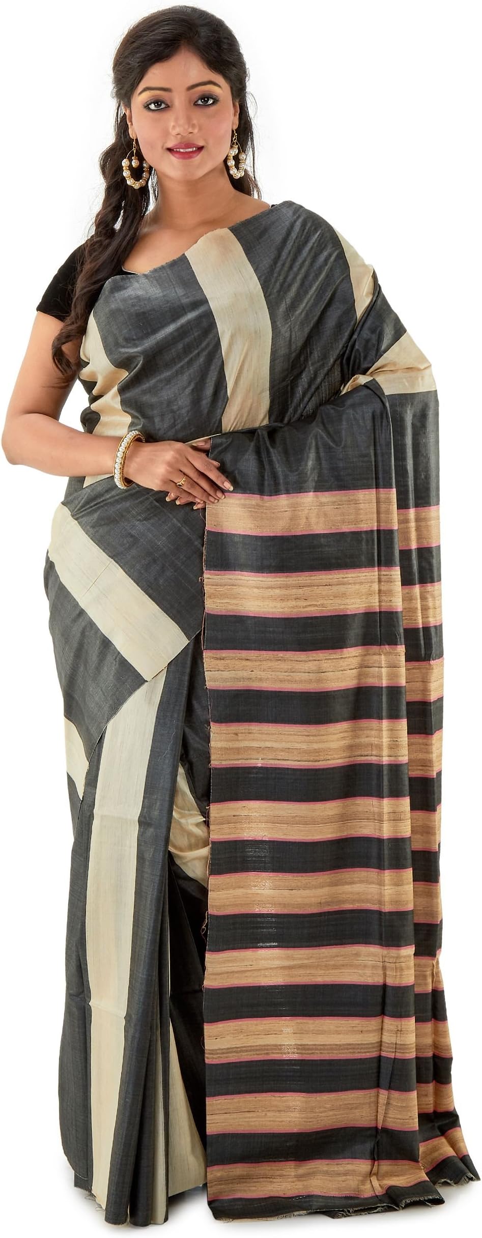 Pure Tussar Silk Sarees For Women Kosa Silk Saree Indian Handloom Tassar Saree Bengal Tussar Silk in Grey & Beige