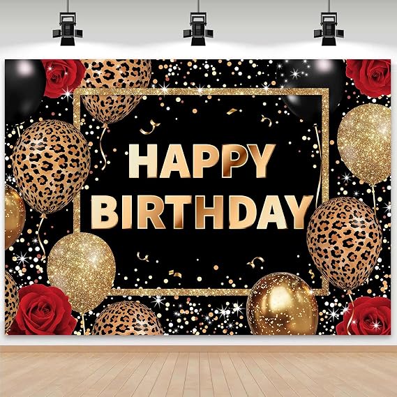 Sensfun Happy Birthday Backdrop Cheetah Print Photography Background Red Rose Black Gold Leopard Print 30th 40th 50th 60th 70th Birthday Party Decorations Banner Supplies Photo Booth Props 7x5ft