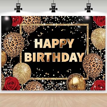 Sensfun Happy Birthday Backdrop Cheetah Print Photography Background Red Rose Black Gold Leopard Print 30th 40th 50th 60th 70th Birthday Party Decorations Banner Supplies Photo Booth Props 7x5ft