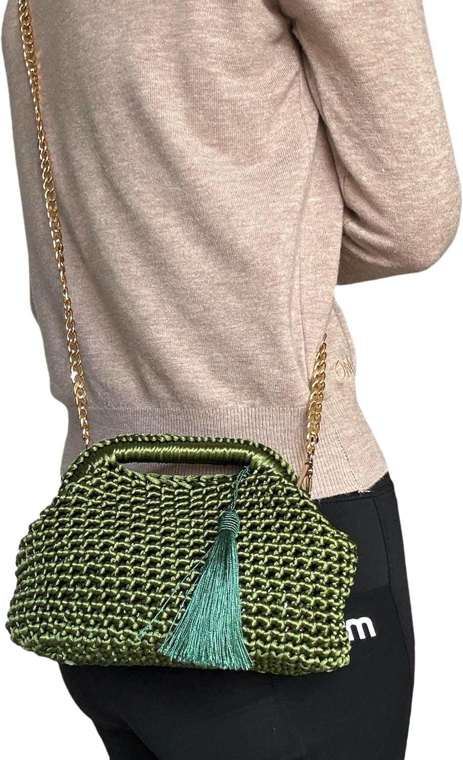 Crochet Handbag with Tassel, Green, 8x 75x 4 inches