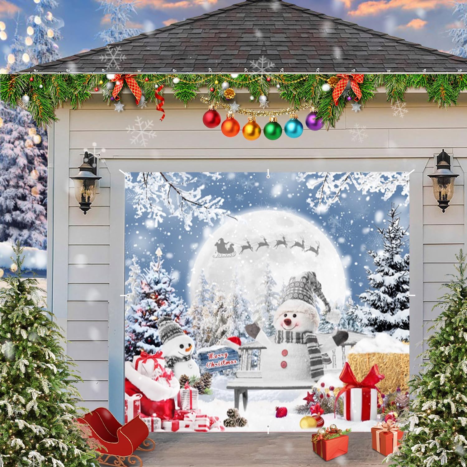 Christmas Garage Door Cover Decorations Banner Backdrop,Large Hanging Single Car Christmas Garage Door Cover,Snow Forest Snowman Full Moon Gift Xmas Backdrop Decor,Outdoor Holiday Decorations 7x8ft