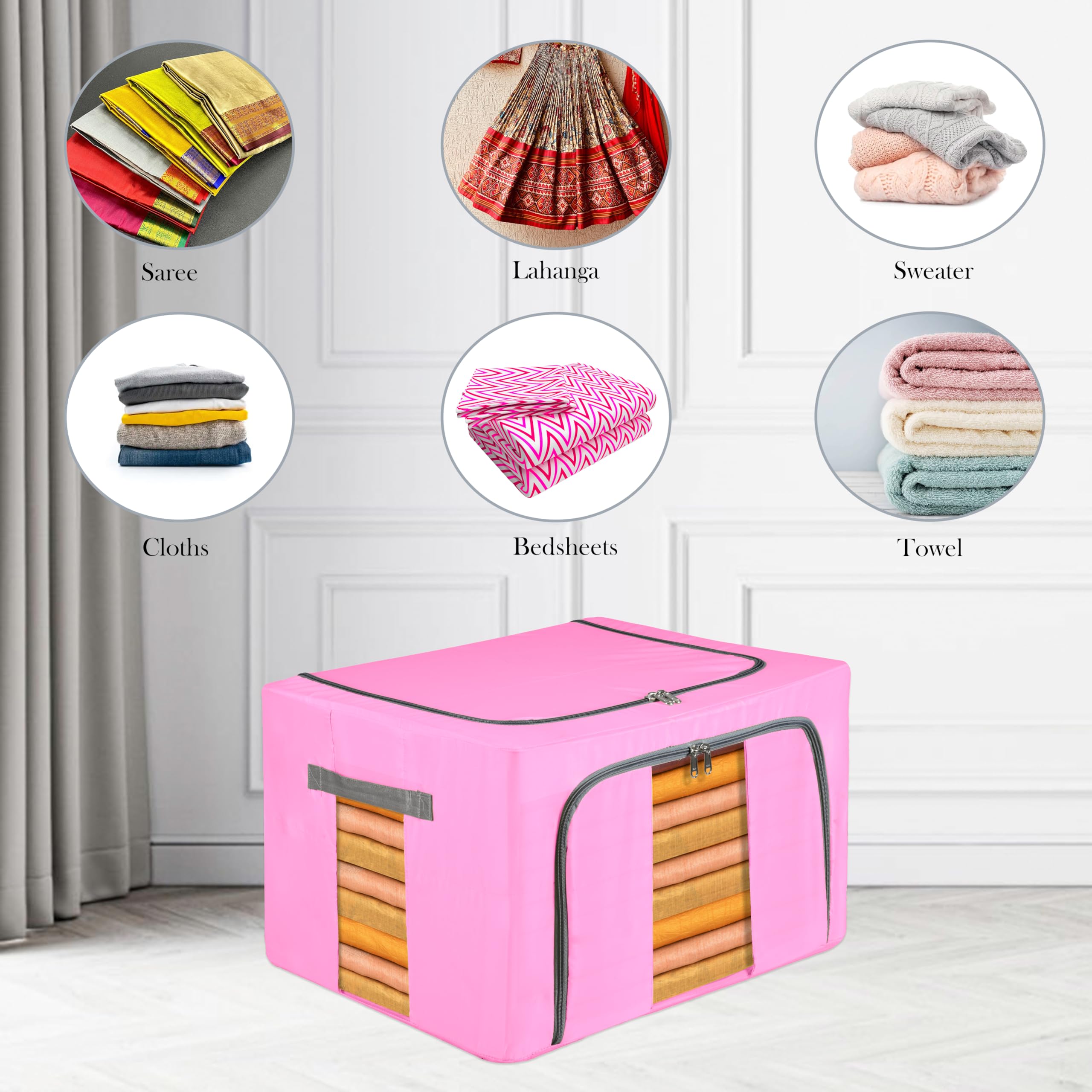 Kuber Industries 2 Stück Aufbewahrungsbox aus Stoff | Faltbarer Kleiderschrank Organizer für Kleidung | Stahlrahmen Kleidung Organizer | Deckenbox | 66 Liter | Rosa
