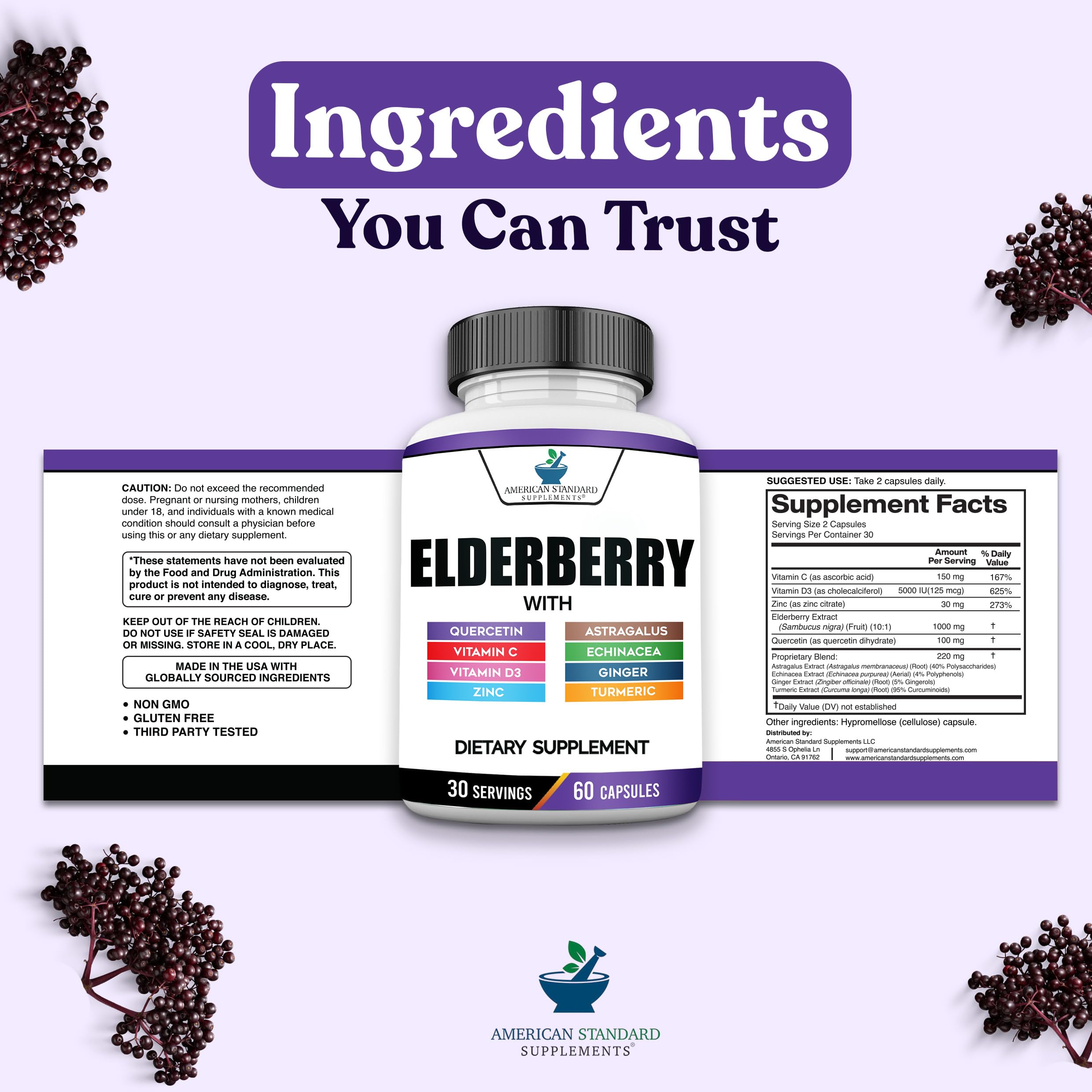 American Standard Supplements Elderberry Extract with Quercetin, Vitamin C, D3, Ginger, Zinc, Turmeric, Astragalus and Echinacea – 60 Capsules, 30 Servings — Amazon image 8