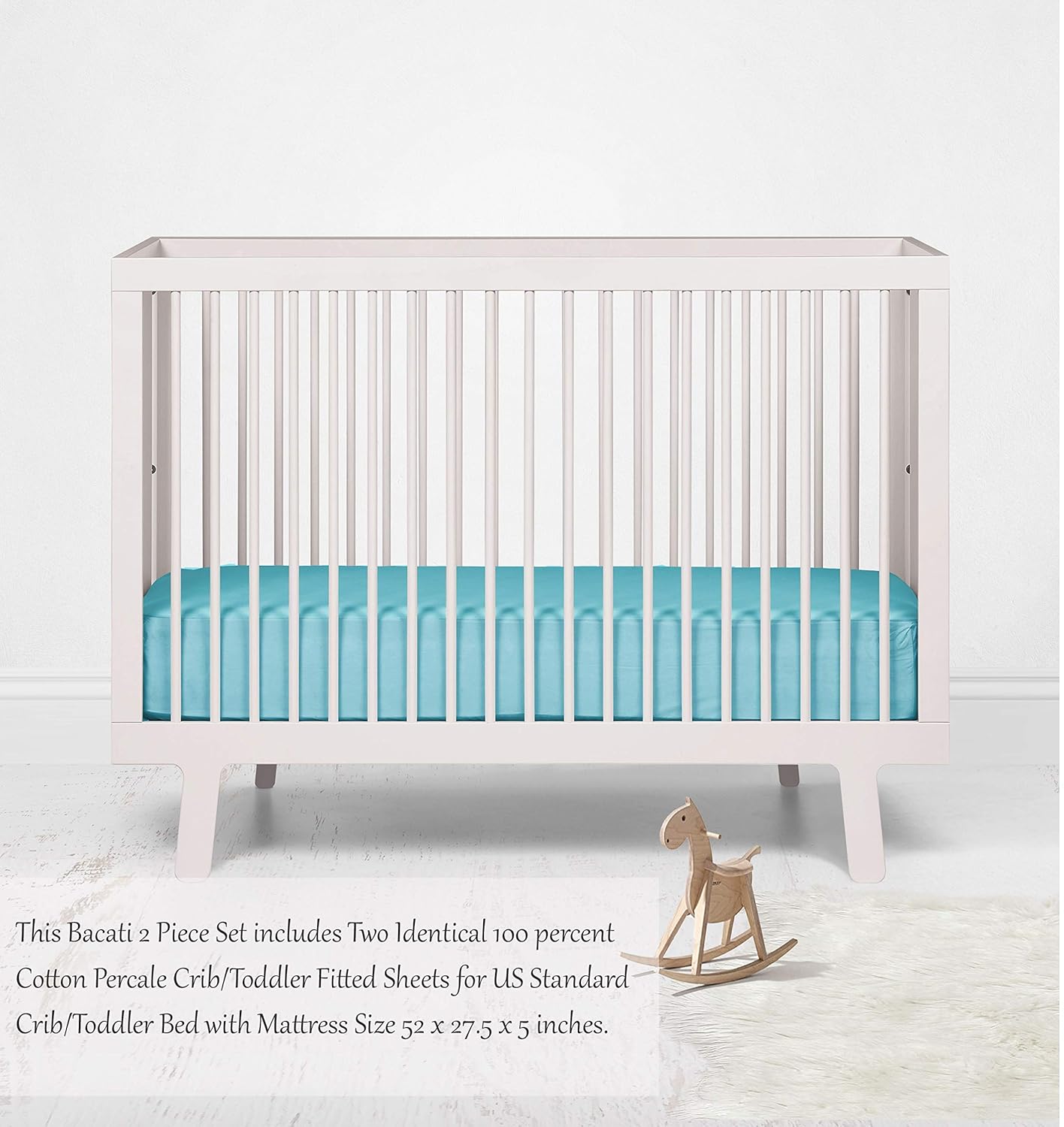 Bacati - 2 Pack Solid Neutral 100% Cotton Percale Universal Baby US Standard Crib or Toddler Bed Fitted Sheets (Aqua Turquoise)