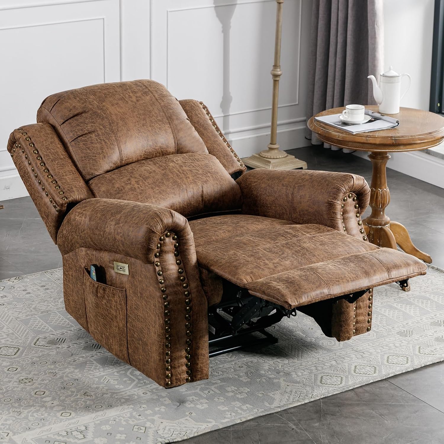 HAOMARKETS Classic Power Recliner Chair with Massage and Heat, Breathable Faux Leather Electric Recliner with USB&Type-C Port, Overstuffed Reclining Sofa with Rivets for Living Room, Brown