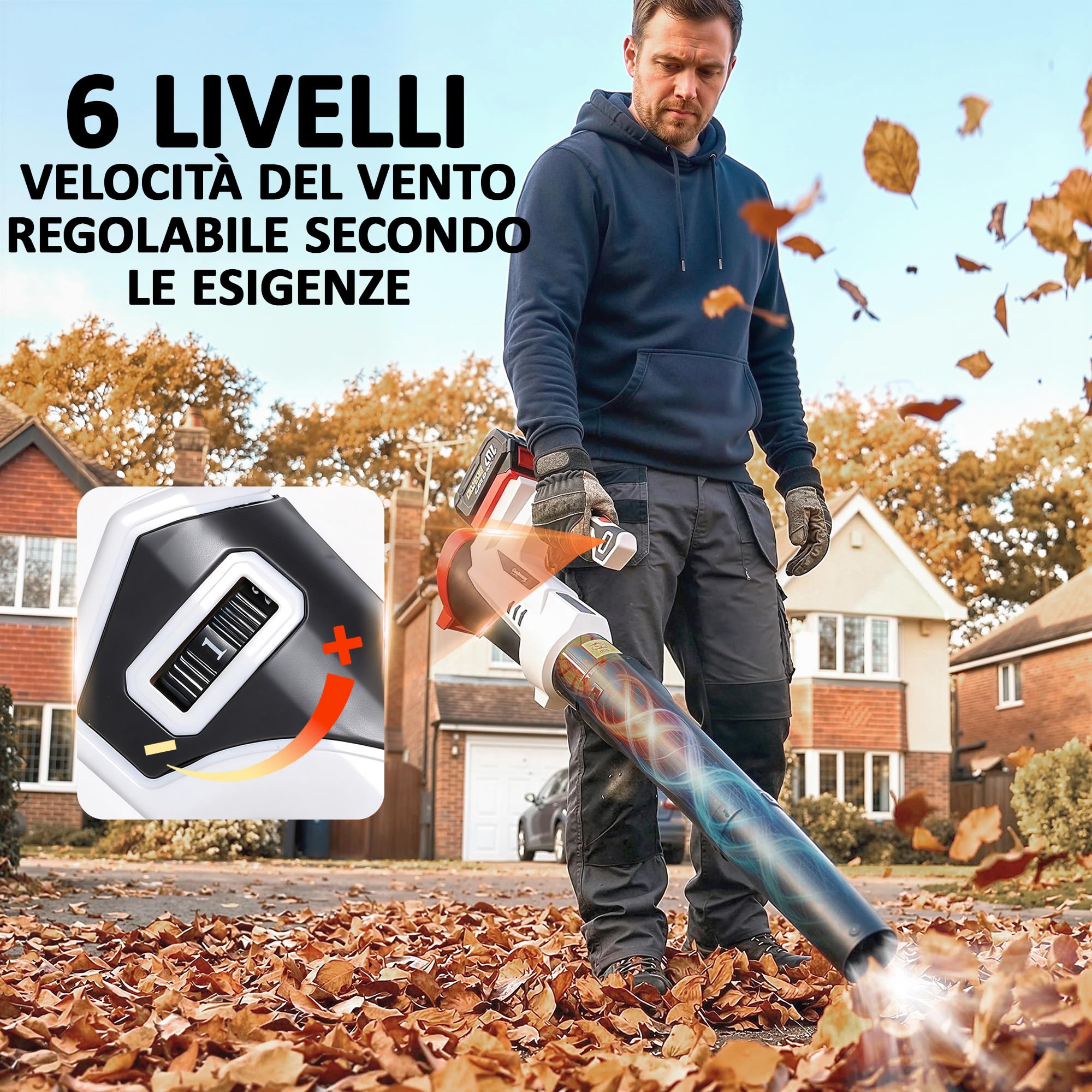 Outsunny Soffiatore a Batteria 18V, Soffiatore Foglie con Batteria 4Ah, Motore Brushless 250W, 6 Livelli Velocità 149 km/h, Turbo Boost, Caricabatterie, Leggero, per Giardino Foglie Neve Polvere