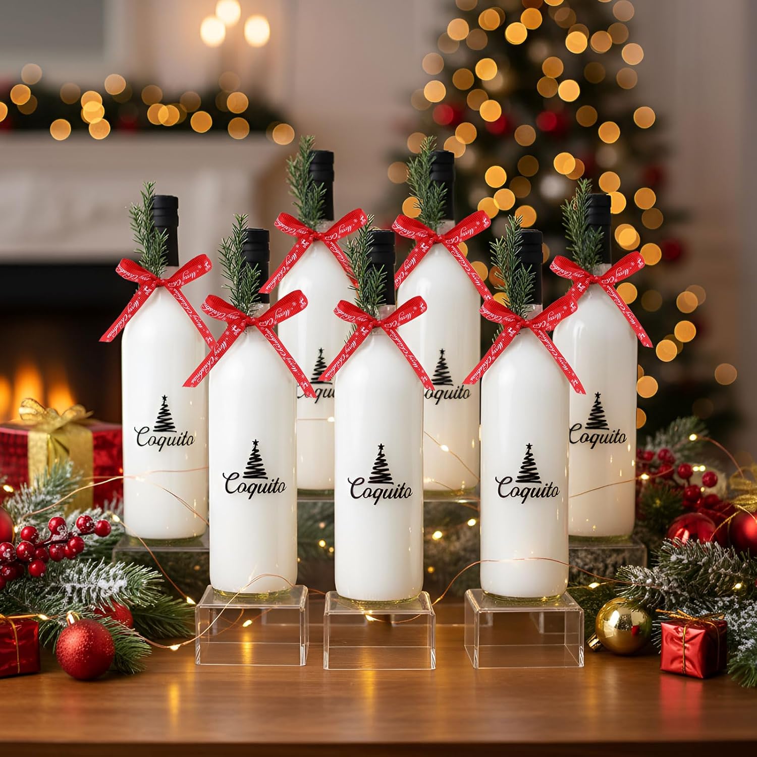 Mimorou 8 Pack Christmas Coquito Glass Wine Bottle Sets 25 oz Empty Clear Liquor Bottles with Ribbon and Artificial Branches for Home Brewing Xmas Gifts(Christmas Tree)