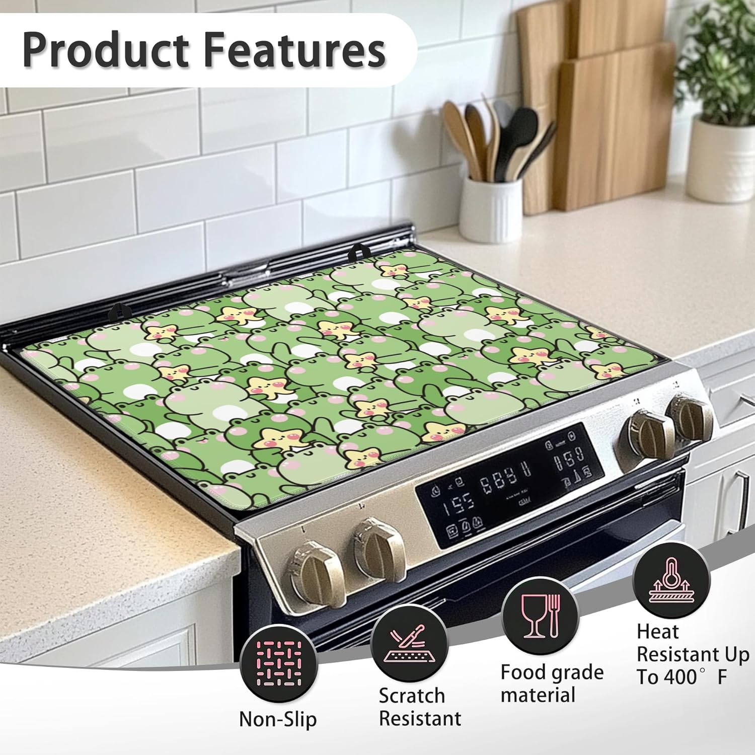 Cute Cartoon Frog Stove Top Cover for Electric Stove Star Extra Thick Natural Rubber Glass Top Protector,Prevents Scratching,Expands Usable Space 28x20