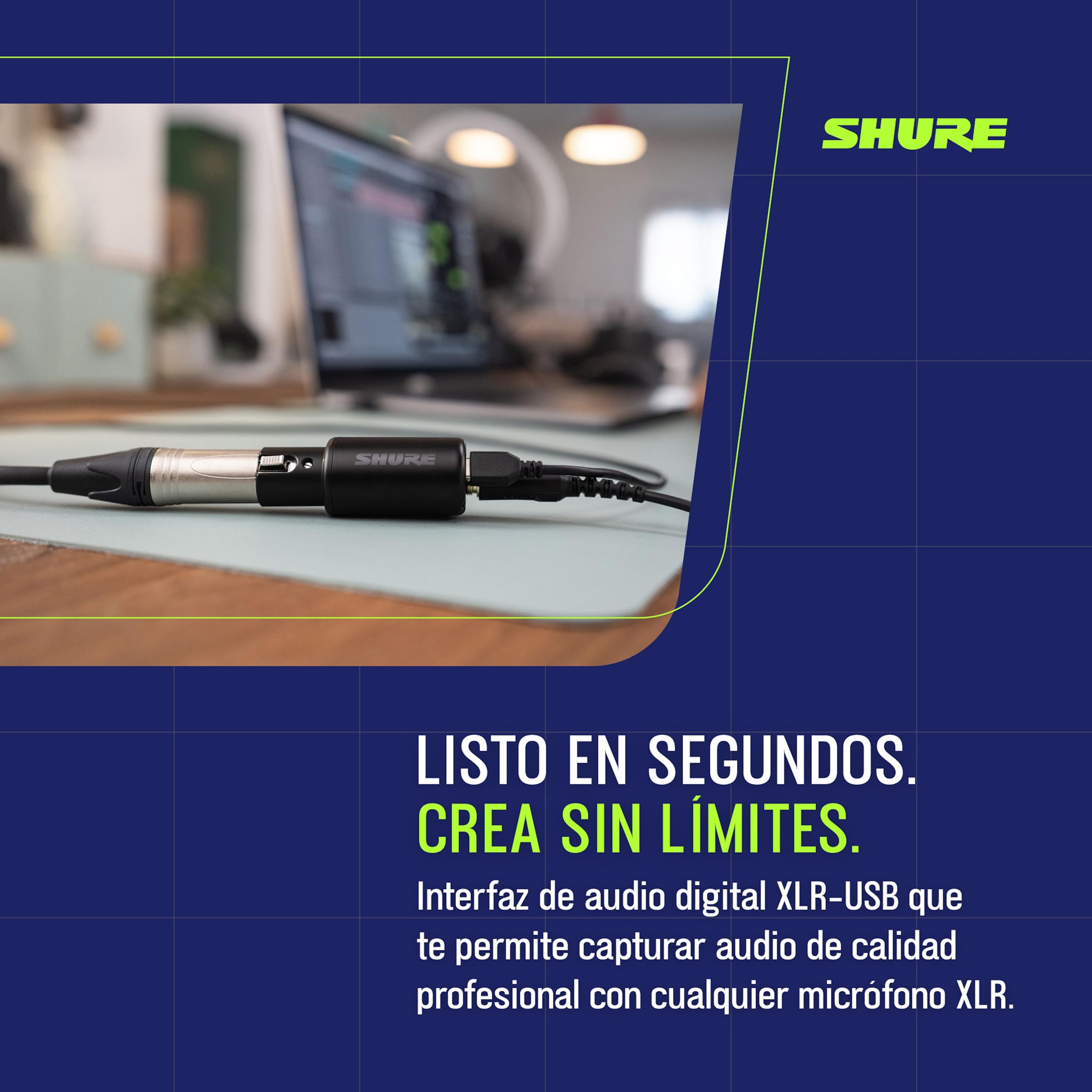 Shure MVX2U Gen 2 interfaz de audio digital, adaptador XLR‑USB para micrófonos, ideal para creación y grabación con procesamiento digital; compatible con Mac, Windows, iOS y Android.