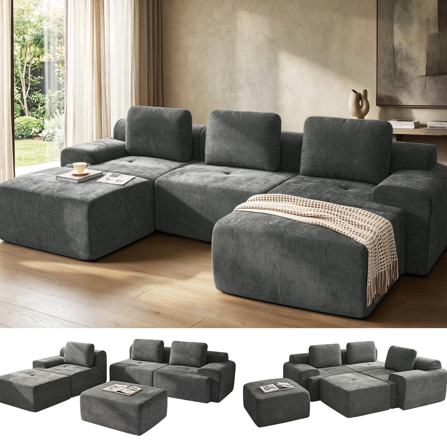 122" U Shaped Oversized Boneless Couch, Comfort Cloud Sectional Couches for Living Room, Modular Sofa High Back &amp; Extra Deep Seat, No Assembly, Soft Chenille (Dark Grey, 122 inch-U shaped（3+2）)