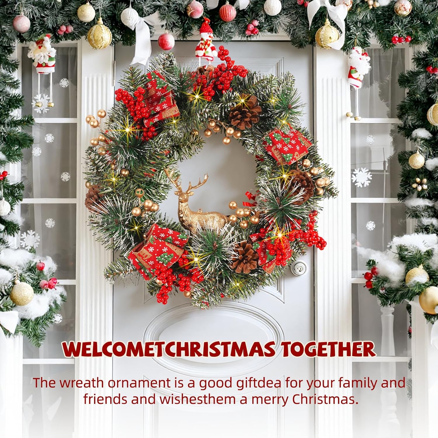 Christmas Wreaths for Front Door 16 Inch, Artificial Christmas Wreath with Light, Pre-Lit Winter Wreaths with Pine Cones, Berry Clusters Reindeer, Xmas Wreaths for Indoor Outdoor Window Porch Decor