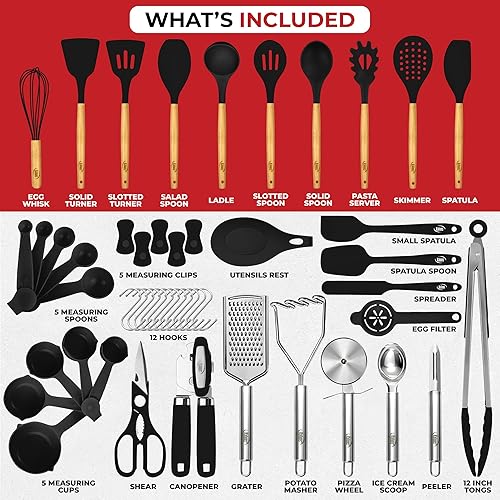 Miniatura 3 de Kaluns Juego completo de utensilios de cocina de silicona, 50 piezas, resistente al calor, antiadherentes, de alta calidad, con asas de madera,